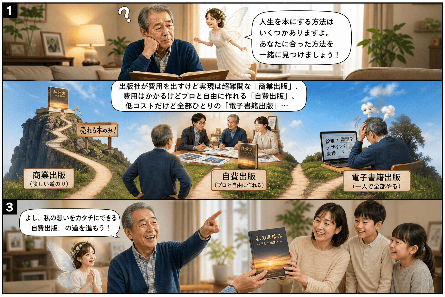 3コママンガ、コマ割りで1枚の画像に収める。コマ1: Aさん: 自分の人生を本にしたいと考えている60代の男性。 出版の妖精: 出版方法について教えてくれる案内役。、リビングでアルバムを眺めながら、物