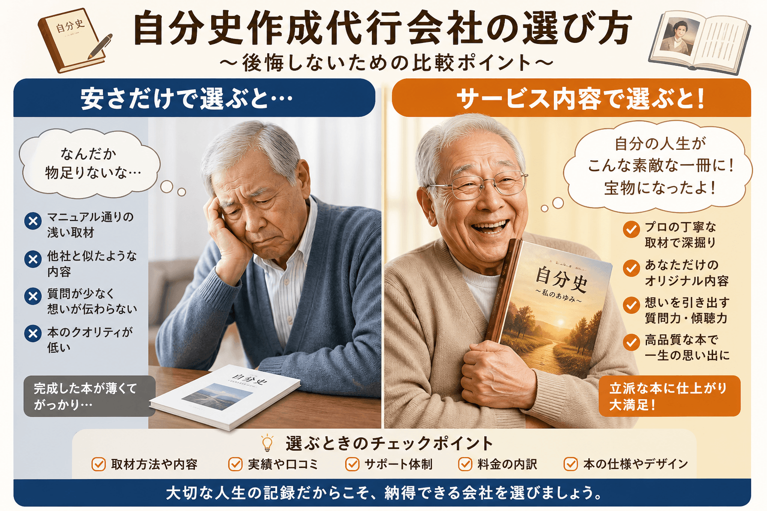 日本人、日本のスタイル, 自分史作成代行会社の選び方を解説するインフォグラフィック。画面を左右2分割した比較図。左は「安さだけで選ぶと…」の見出しで、マニュアル通りの浅い取材に不満な高齢男性と薄い本を