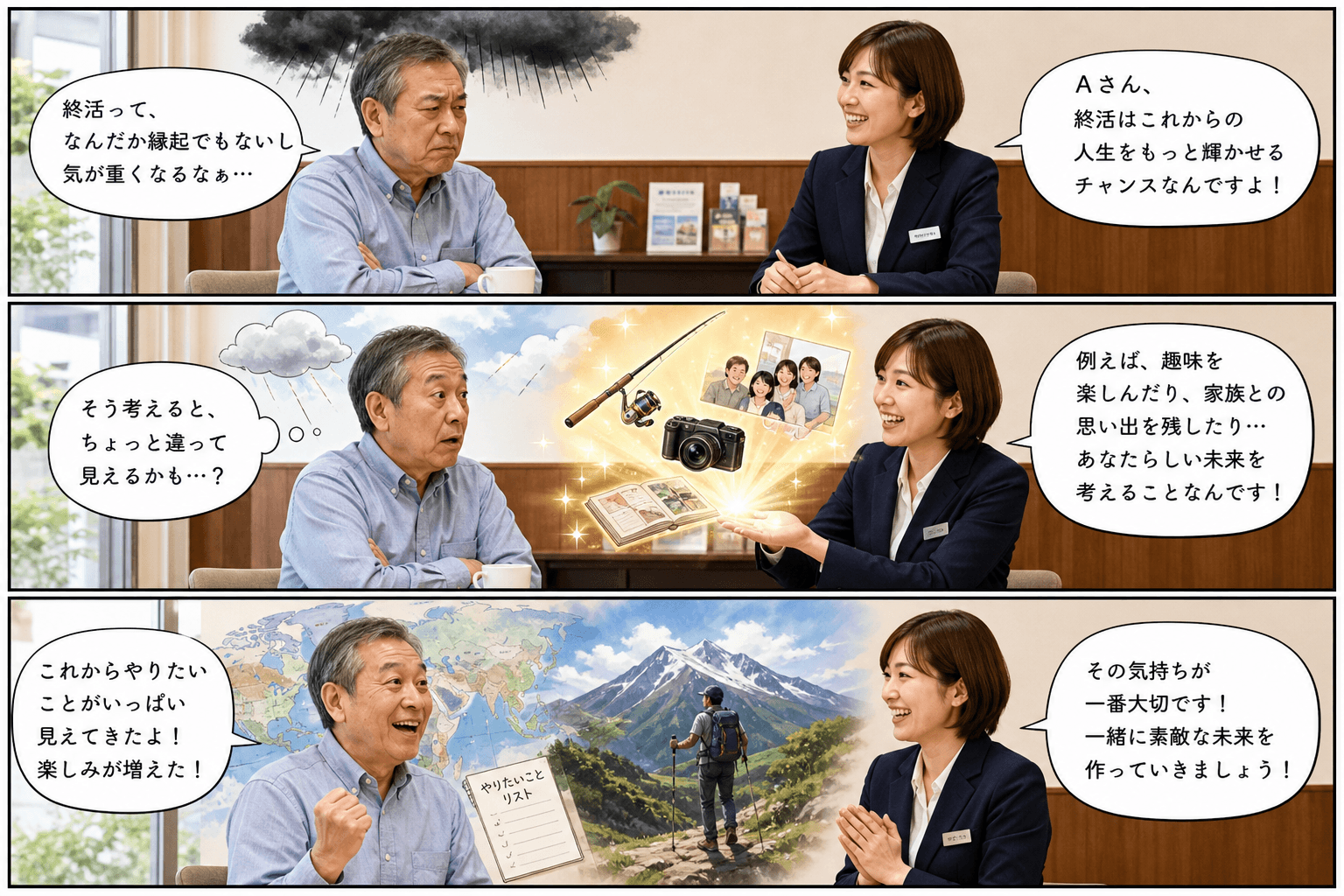3コママンガ、コマ割りで1枚の画像に収める。コマ1: Aさん: 60代の男性。終活に少しネガティブなイメージを持っている。 Bさん: 30代の女性スタッフ。明るく親しみやすい。、カフェのテーブルを挟ん