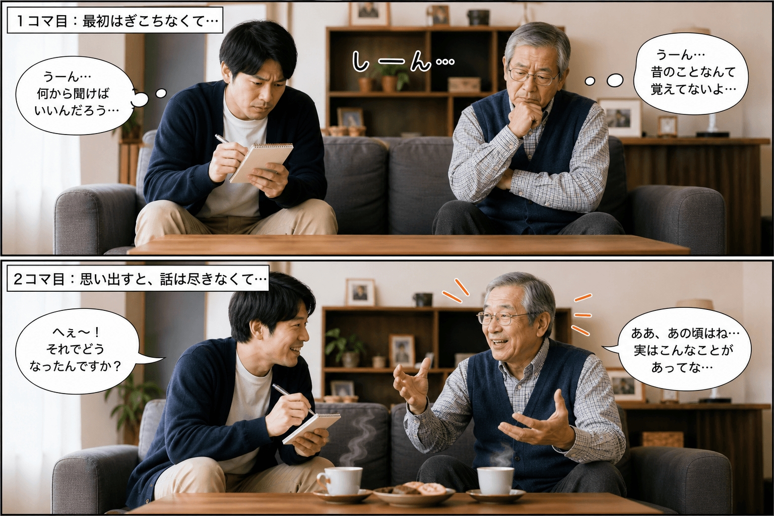 2コママンガ、コマ割りで1枚の画像に収める。コマ1: Aさん: 30代の男性。父親に思い出のインタビューを試みている。 お父さん: 60代〜70代。Aさんの父親。、リビング。Aさんとお父さんがソファに