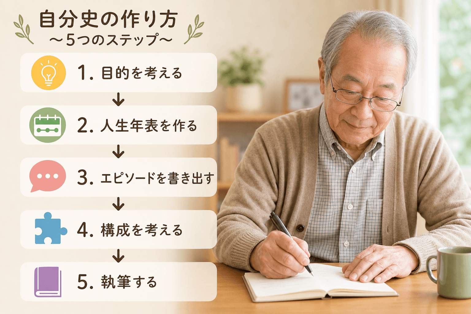 日本人、日本のスタイル, 自分史の作り方を5つのステップで解説するインフォグラフィック。温かみのある色使いのフラットなデジタルイラストで、優しい表情の高齢者が机に向かっている。上から下に「1.目的を考