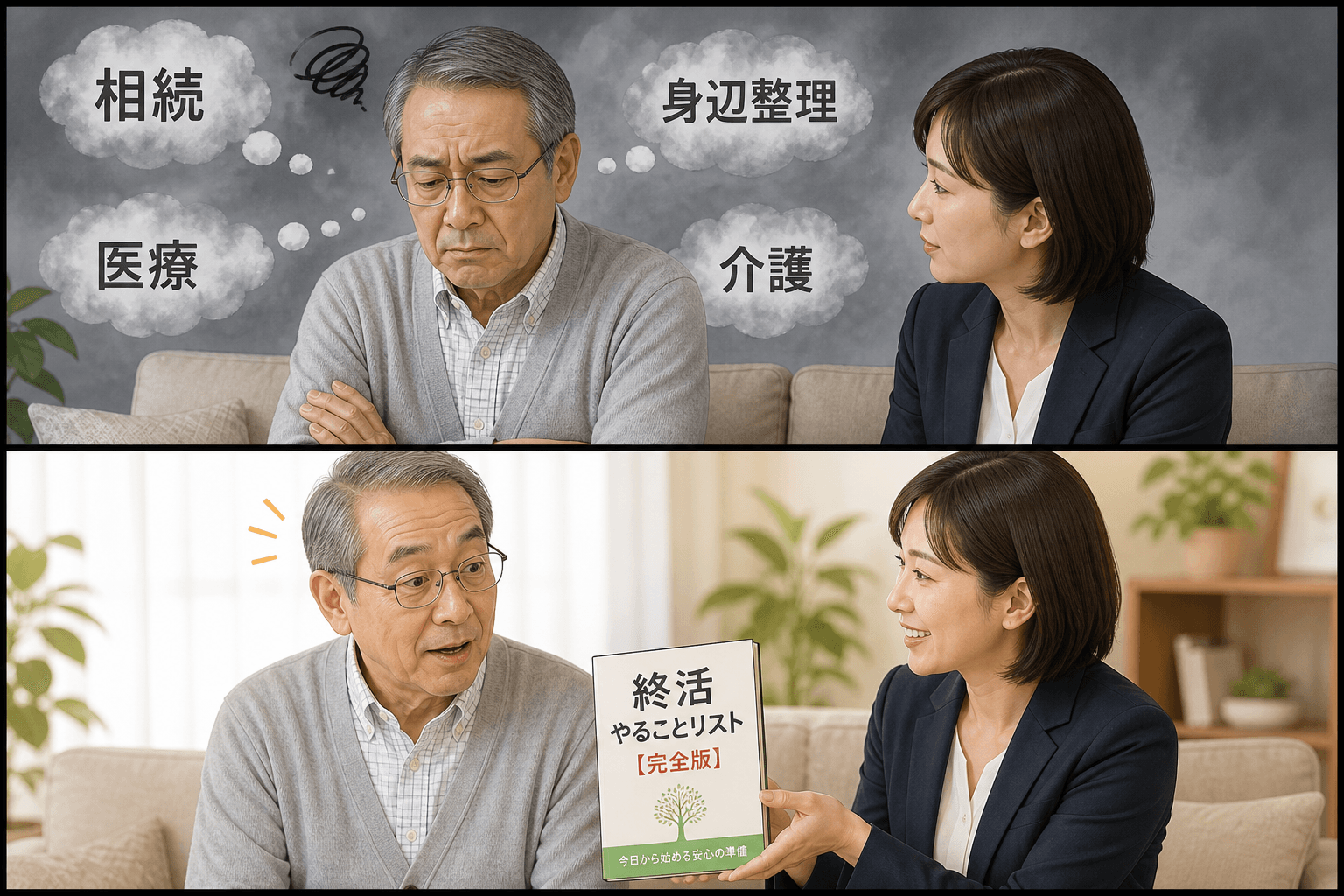 2コママンガ、コマ割りで1枚の画像に収める。コマ1: 終活を考え始めた60代の男性、専門家の女性、リビングのソファに座り、男性が腕を組んで深刻な顔で考え込んでいる。彼の頭の周りには「相続」「身辺整理」