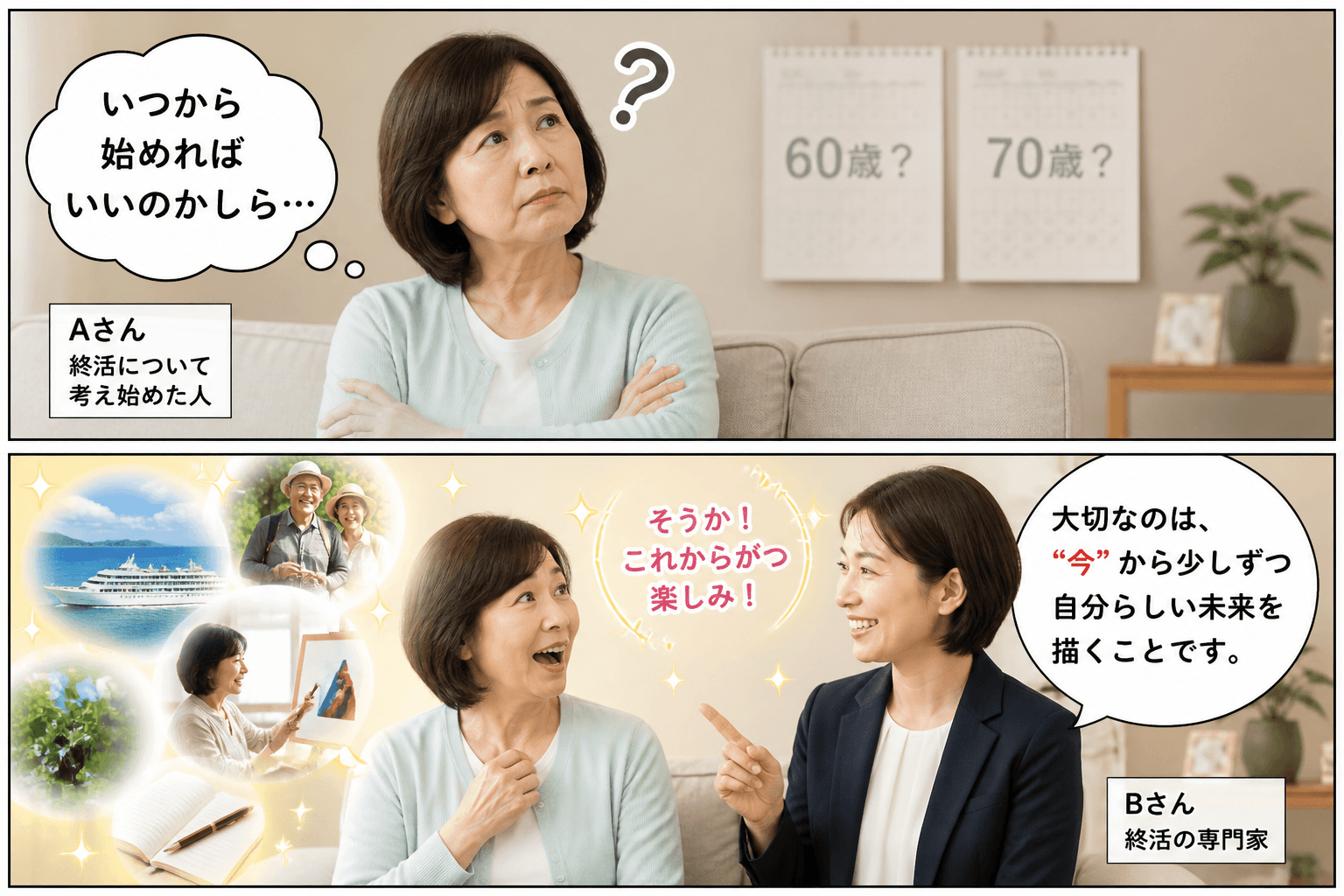 2コママンガ、コマ割りで1枚の画像に収める。コマ1: Aさん: 終活について考え始めた人 Bさん: 終活の専門家、Aさんがリビングのソファに座り、腕を組んで考え込んでいる。頭の上にはてなマークが浮かん