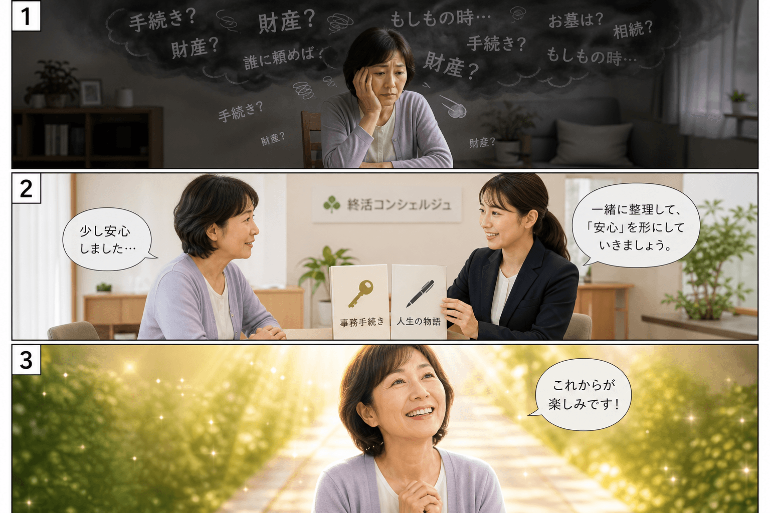 3コママンга、コマ割りで1枚の画像に収める。コマ1: Aさん: 50代の女性。終活について漠然とした不安を感じている。 Bさん: 専門コンシェルジュ。穏やかで聞き上手な雰囲気。、自宅のリビング。Aさん