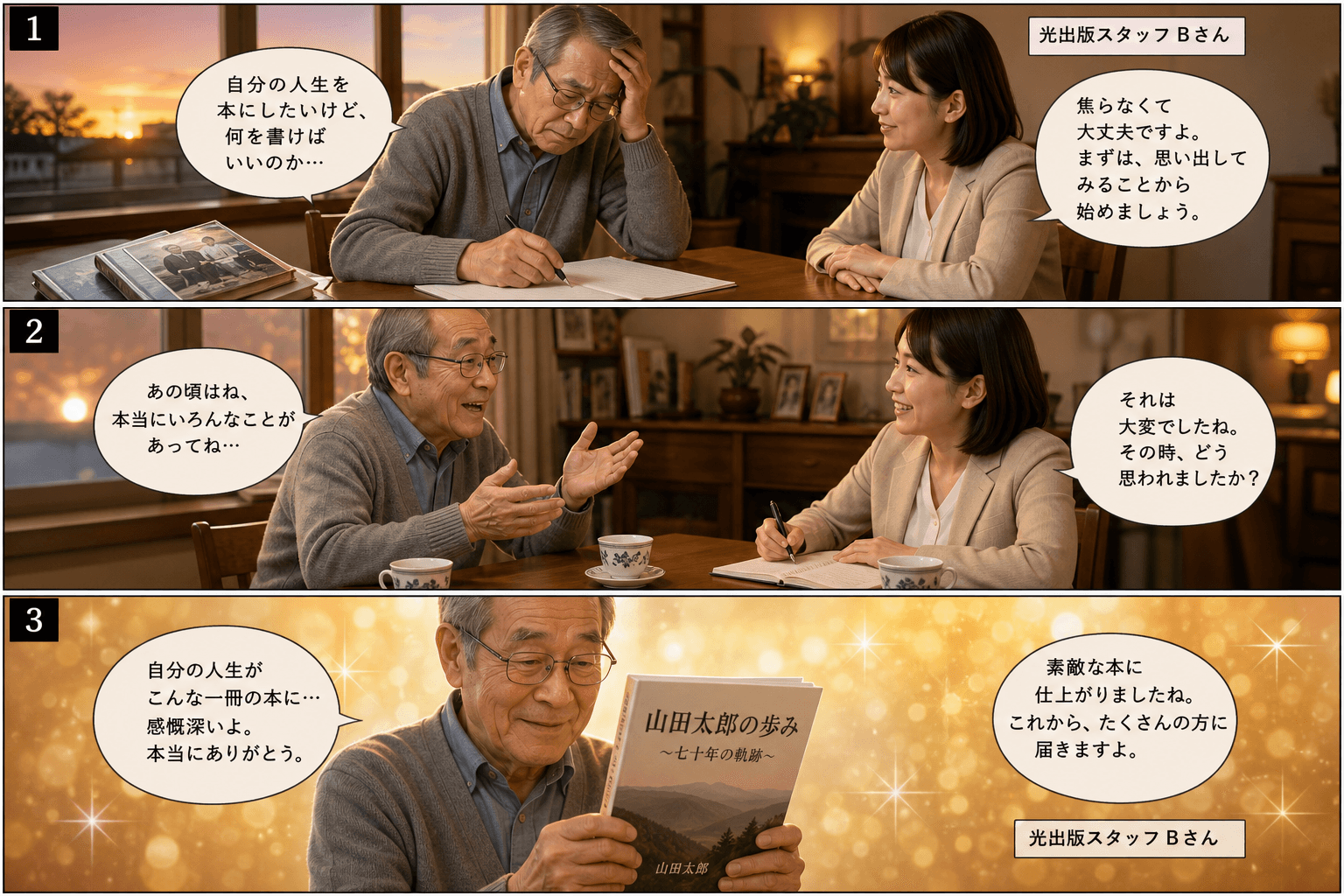 3コママンガ、コマ割りで1枚の画像に収める。コマ1: Aさん: 70代の男性。自分の人生を本にしたいと思っている。 Bさん: 光出版の女性スタッフ。聞き上手で優しい雰囲気。、リビングの机で、原稿用紙を