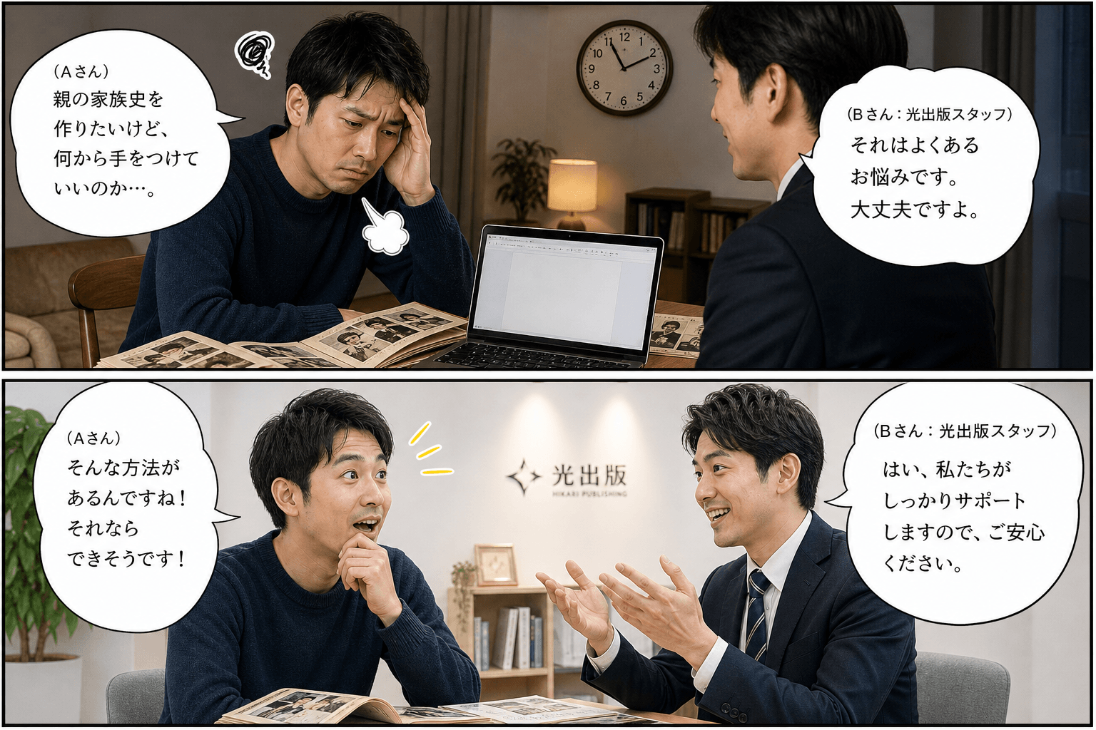 2コママンガ、コマ割りで1枚の画像に収める。コマ1: Aさん: 30代男性。親の家族史を作りたいと考えている。 スタッフBさん: 光出版のスタッフ。親しみやすい雰囲気。、リビング。テーブルに広げられた