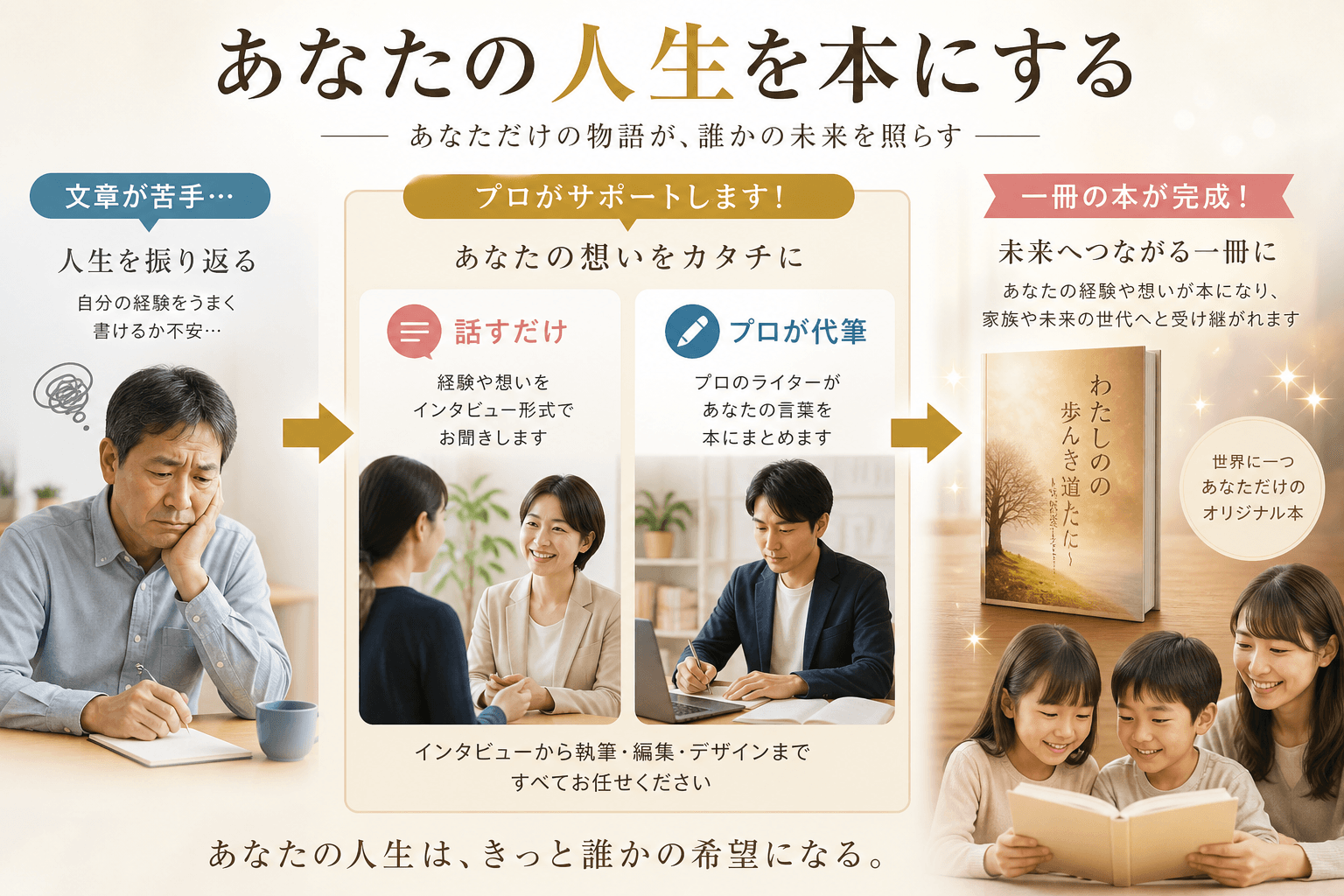 日本人、日本のスタイル, 「あなたの人生を本にする」というテーマのインフォグラフィック。温かみのあるデジタルイラストで、左から右へ物語が展開する。左に「文章が苦手…」と悩む人物。中央に、親しみやすいス