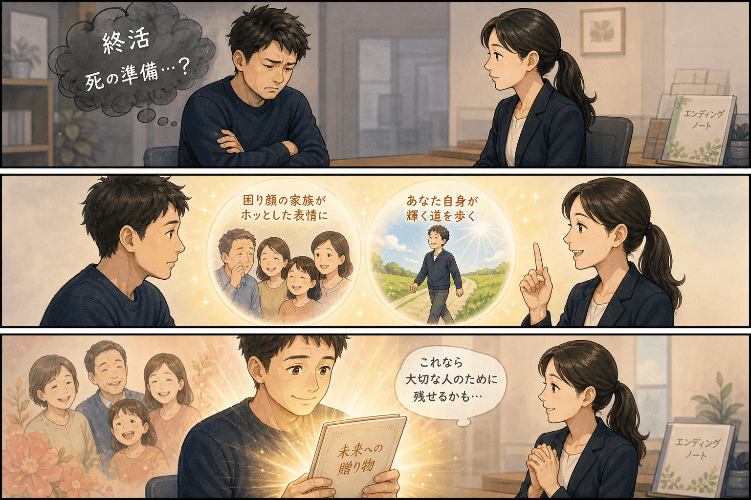 3コママンガ、コマ割りで1枚の画像に収める。コマ1: Aさん: 30代の男性。エンディングノートに少しネガティブなイメージを持っている。 Bさん: 専門家風の女性スタッフ。、カウンターテーブルで、Aさ