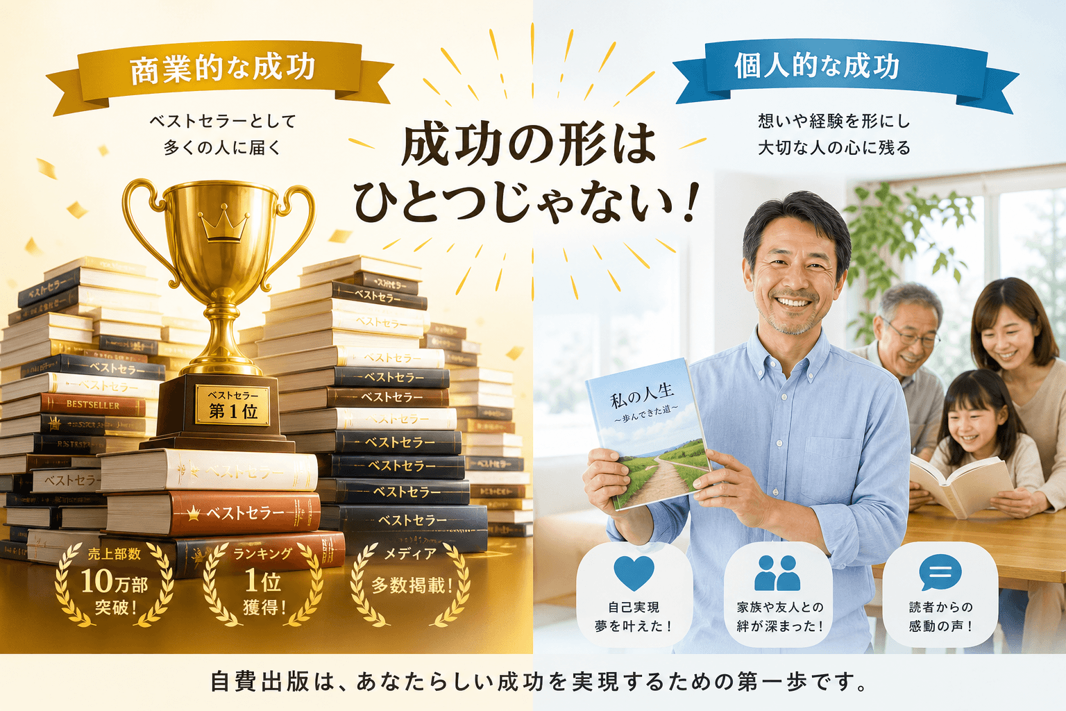 日本人、日本のスタイル, 「自費出版の多様な成功」をテーマにしたインフォグラフィック。画面を左右に分割した比較図。左側は「商業的な成功」として輝くベストセラーの本の山とトロフィーを描く。右側は「個人的