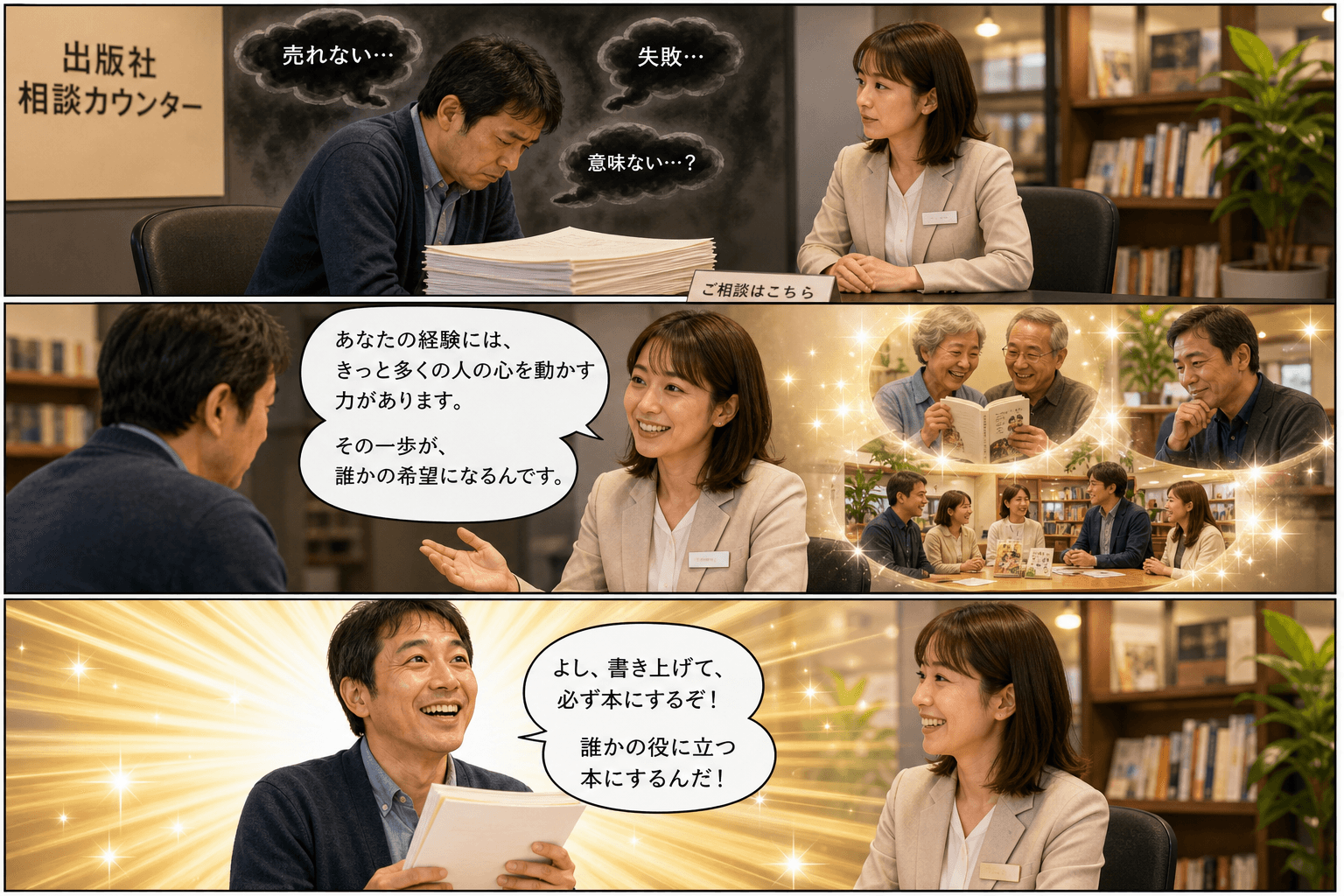 3コママンガ、コマ割りで1枚の画像に収める。コマ1: Aさん: 40代男性。自分の人生を本にしたいと考えているが、不安を感じている。 Bさん: 出版社の女性スタッフ。Aさんの相談に乗る。、出版社の相談