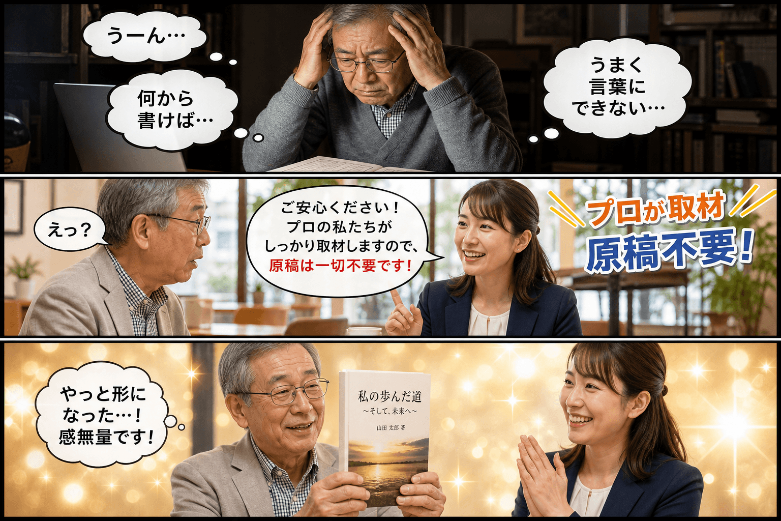 3コママンガ、コマ割りで1枚の画像に収める。コマ1: Aさん: 自叙伝を書きたいと思っているが、文章が書けずに悩んでいる60代男性。 Bさん: 出版社の女性スタッフ。聞き上手で親しみやすい雰囲気。、書