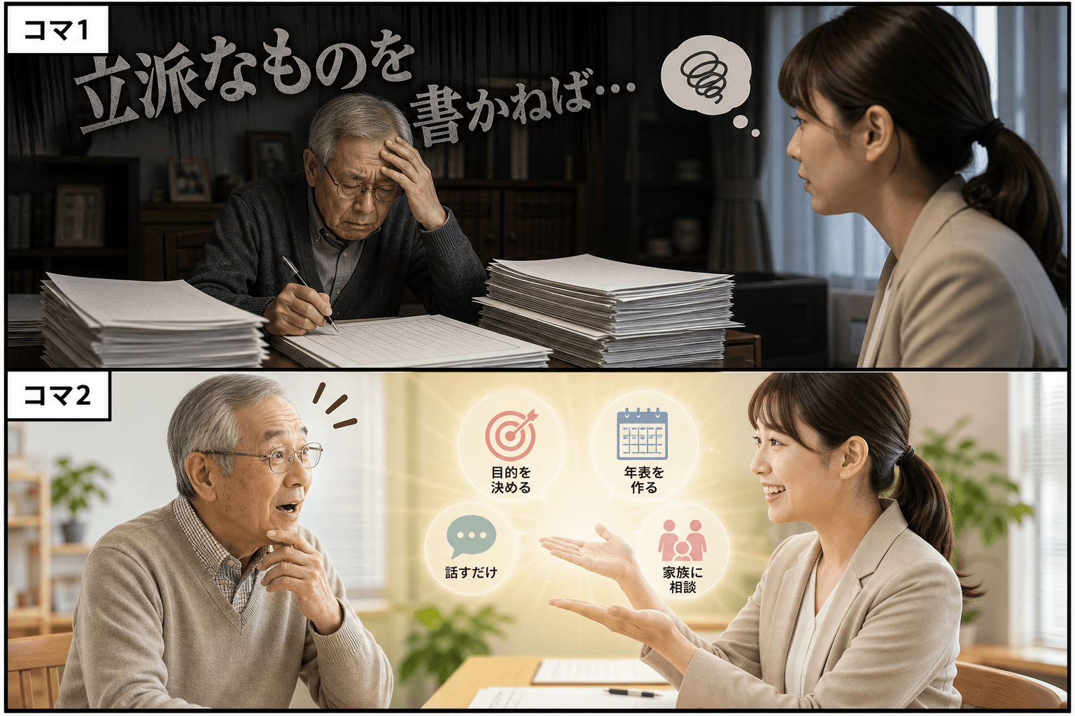 2コママンга、コマ割りで1枚の画像に収める。コマ1: - Aさん: 自分史作りに挑戦したいと考えている70代の男性。 - Bさん: 自分史作成アドバイザーの30代女性。、自宅の書斎。机に山積みの白紙の
