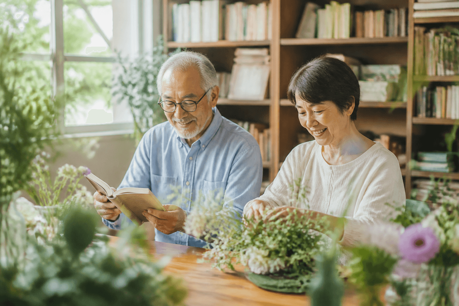 穏やかな表情で趣味（ガーデニングや読書など）を楽しむ60代の男女の写真。終活のポジティブなイメージを伝える]