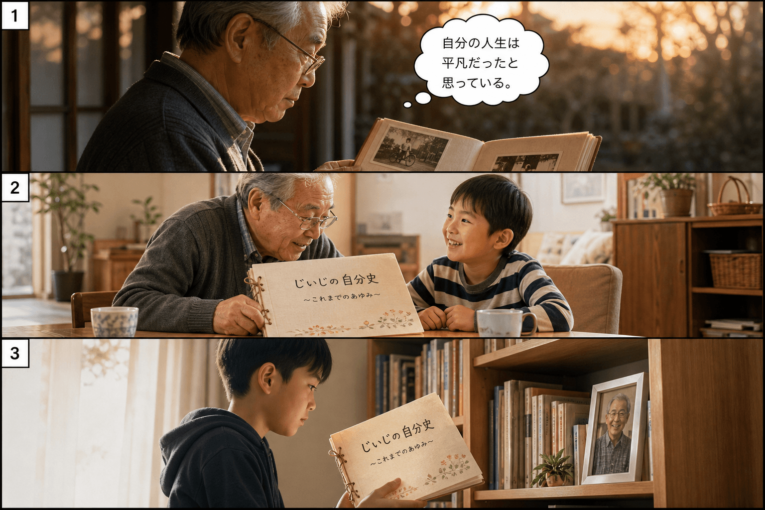 3コママンガ、コマ割りで1枚の画像に収める。コマ1: おじいさん（70代）: 自分の人生は平凡だったと思っている。 孫（小学生）: おじいさんのことが大好きな男の子。、縁側で一人、古いアルバムを眺めて