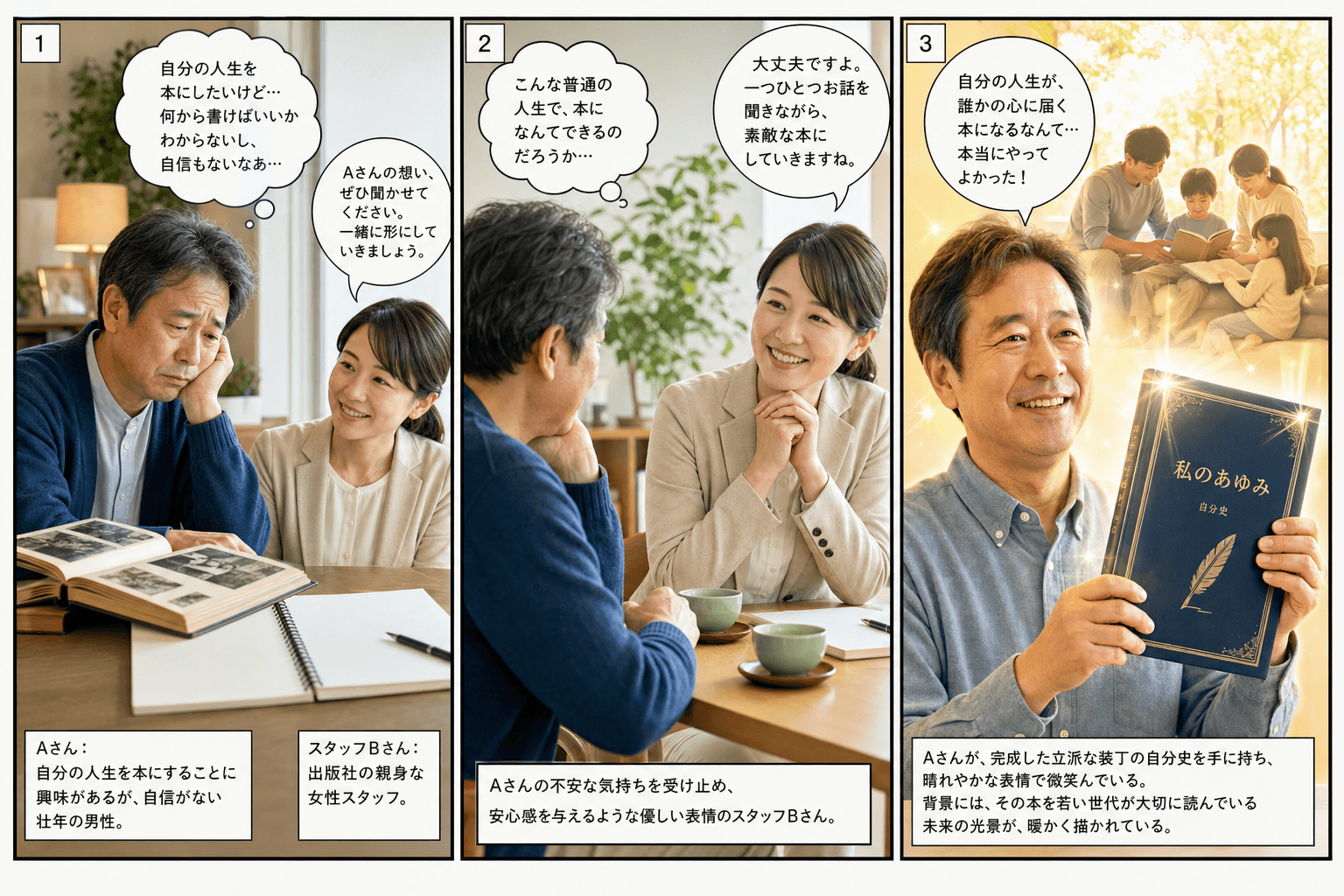 3コママンガ、コマ割りで1枚の画像に収める。コマ1: Aさん: 自分の人生を本にすることに興味があるが、自信がない壮年の男性。 スタッフBさん: 出版社の親身な女性スタッフ。、自宅のリビング。Aさんが