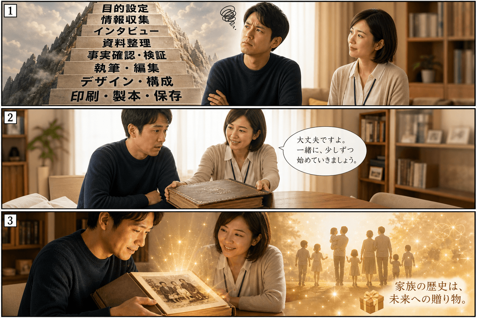3コママンガ、コマ割りで1枚の画像に収める。コマ1: Aさん（30代男性、家族の歴史に興味がある） Bさん（専門家風の穏やかな女性スタッフ）、リビングで腕を組み、困った表情で考え込むAさん。彼の頭上に