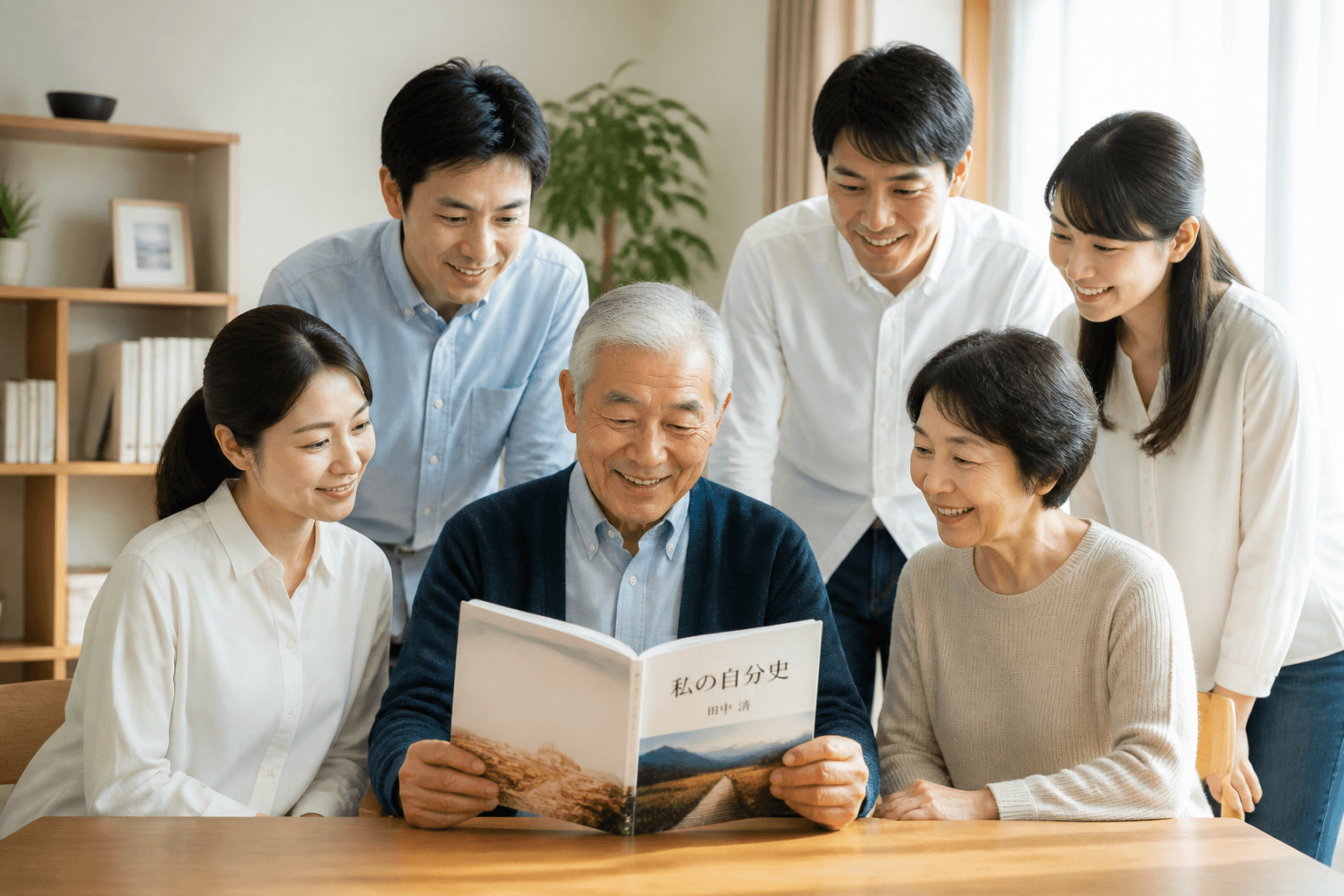 完成した自分史を手に、満足そうな笑顔を浮かべるシニア世代の著者と、それを見守る家族の温かい写真]