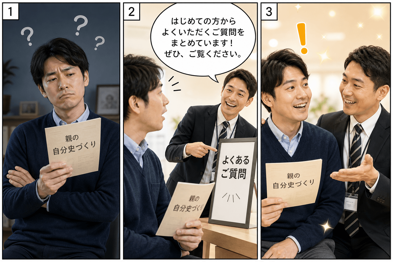 3コママンガ、コマ割りで1枚の画像に収める。コマ1: Aさん: 30代男性。親のために自分史づくりを検討している。 Bさん: 出版社の相談スタッフ。親しみやすい雰囲気。、Aさんが一人で腕を組み、困った