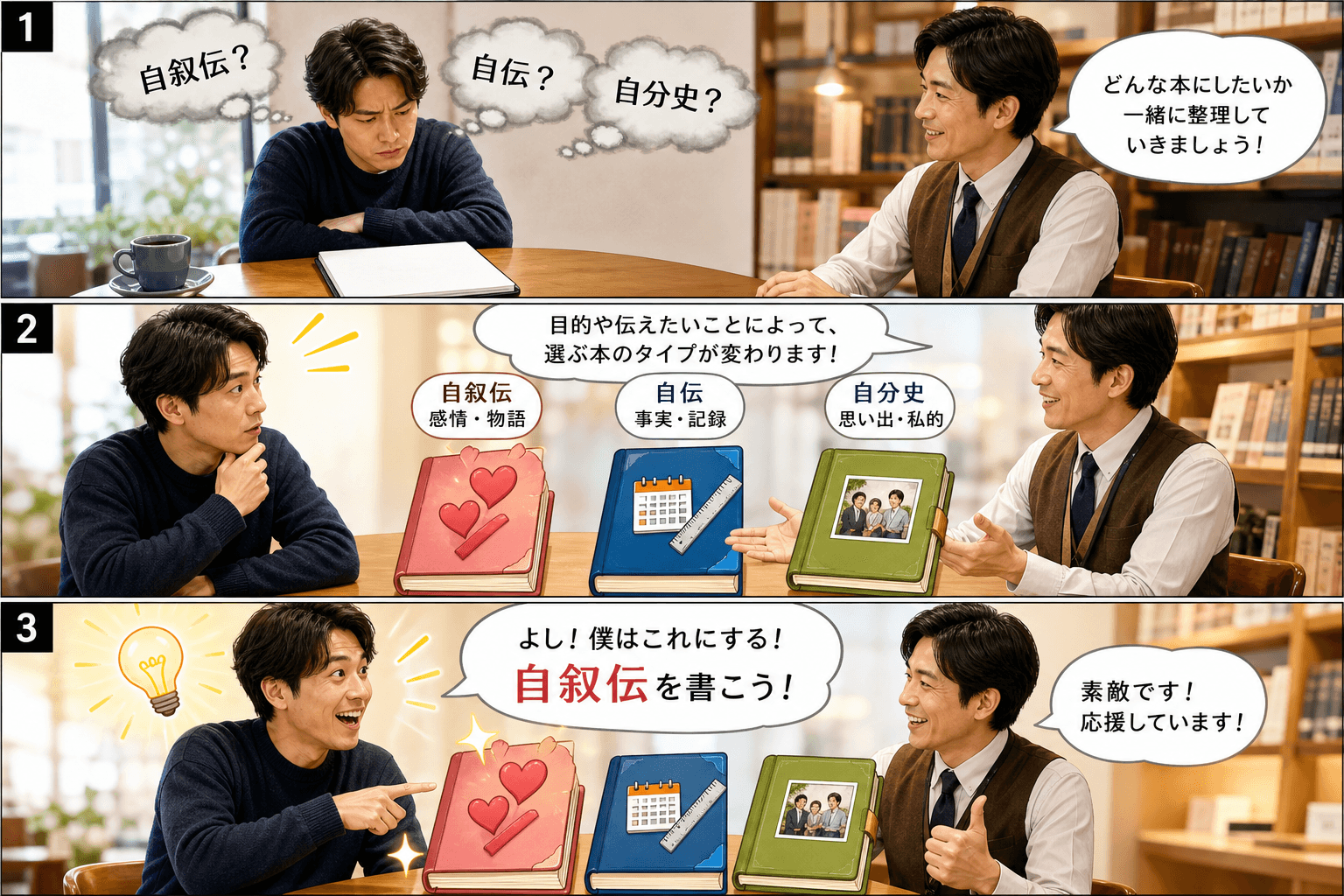 3コママンガ、コマ割りで1枚の画像に収める。コマ1: Aさん: 30代男性。自分の人生を本にしたいと考えている。 Bさん: 本のソムリエ。Aさんにアドバイスをする案内役。、カフェのテーブルで、Aさんが
