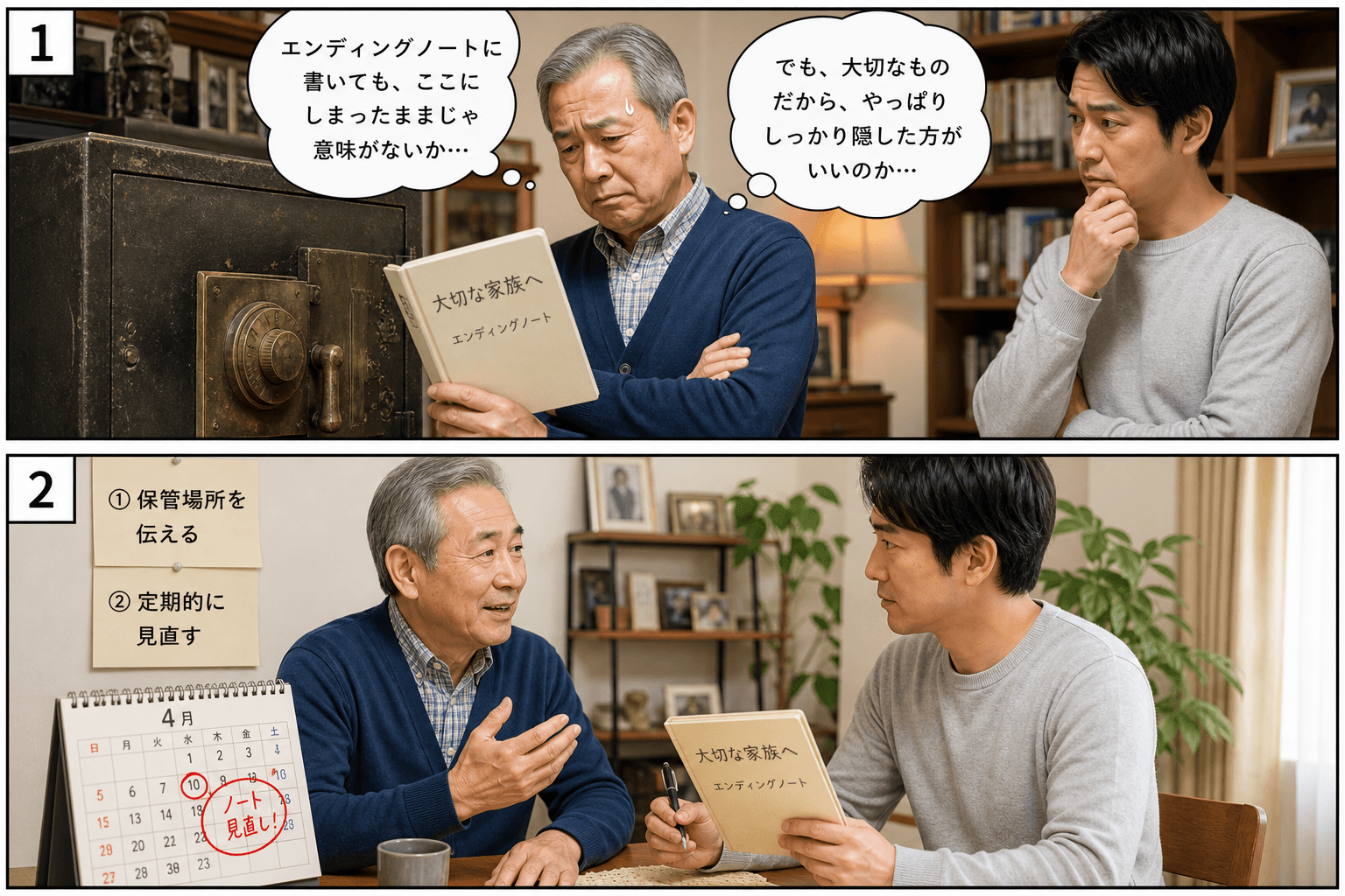 2コママンガ、コマ割りで1枚の画像に収める。コマ1: Aさん（終活を考える60代男性）、息子（Aさんの息子、30代）、書斎。Aさんがエンディングノートを手に持ち、頑丈な金庫の前で困った表情で腕を組んで