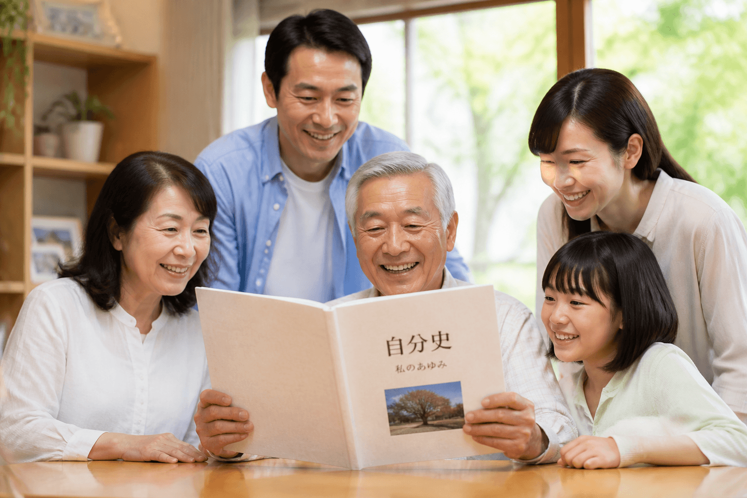 完成した自分史を、笑顔で手に取るシニアの方と、それを見守るご家族の温かい雰囲気の写真]