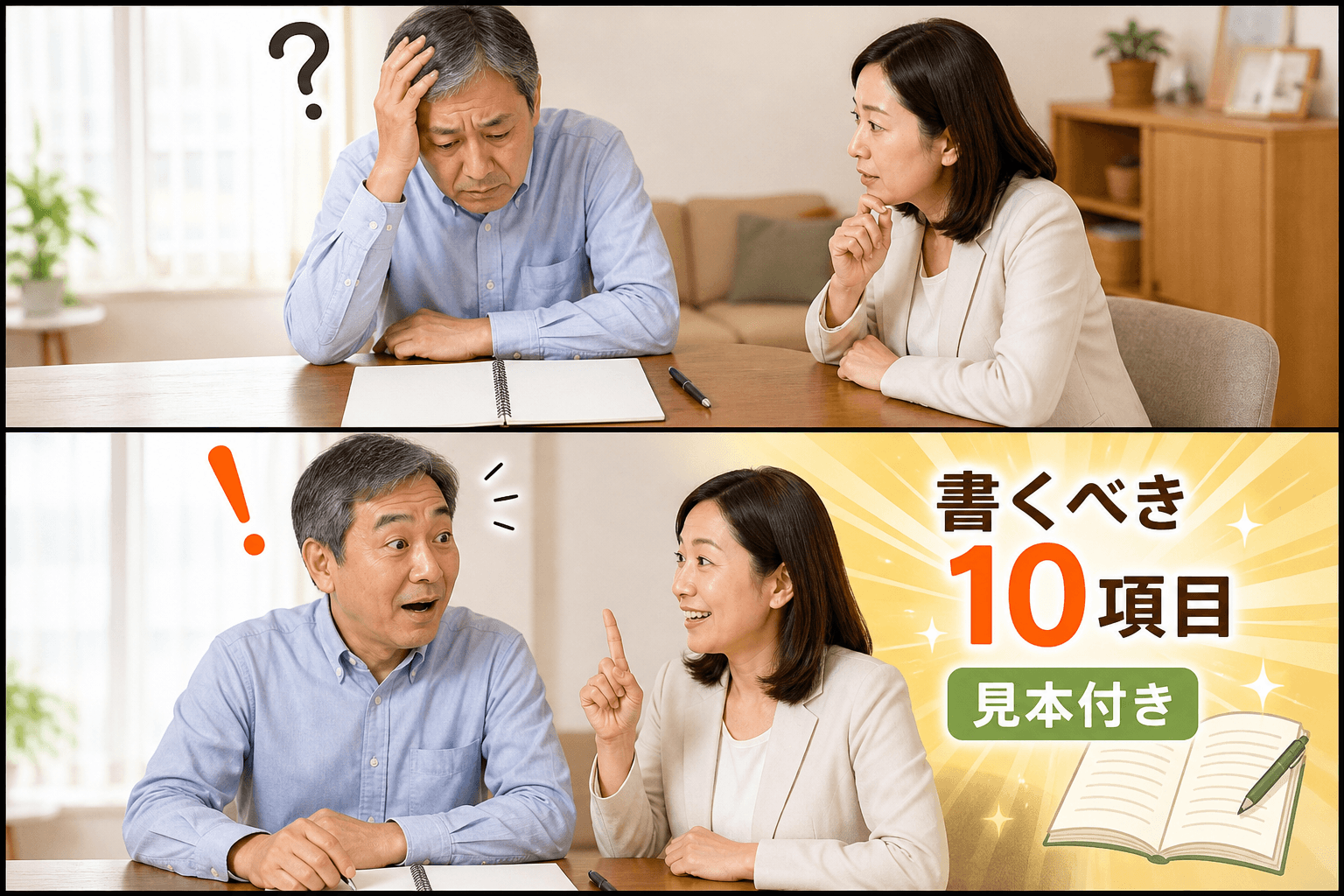 2コママンガ、コマ割りで1枚の画像に収める。コマ1: Aさん: 50代男性。終活を考え始め、エンディングノートを前に悩んでいる。 専門家さん: 記事の内容を解説してくれるガイド役の女性。、リビングのテ