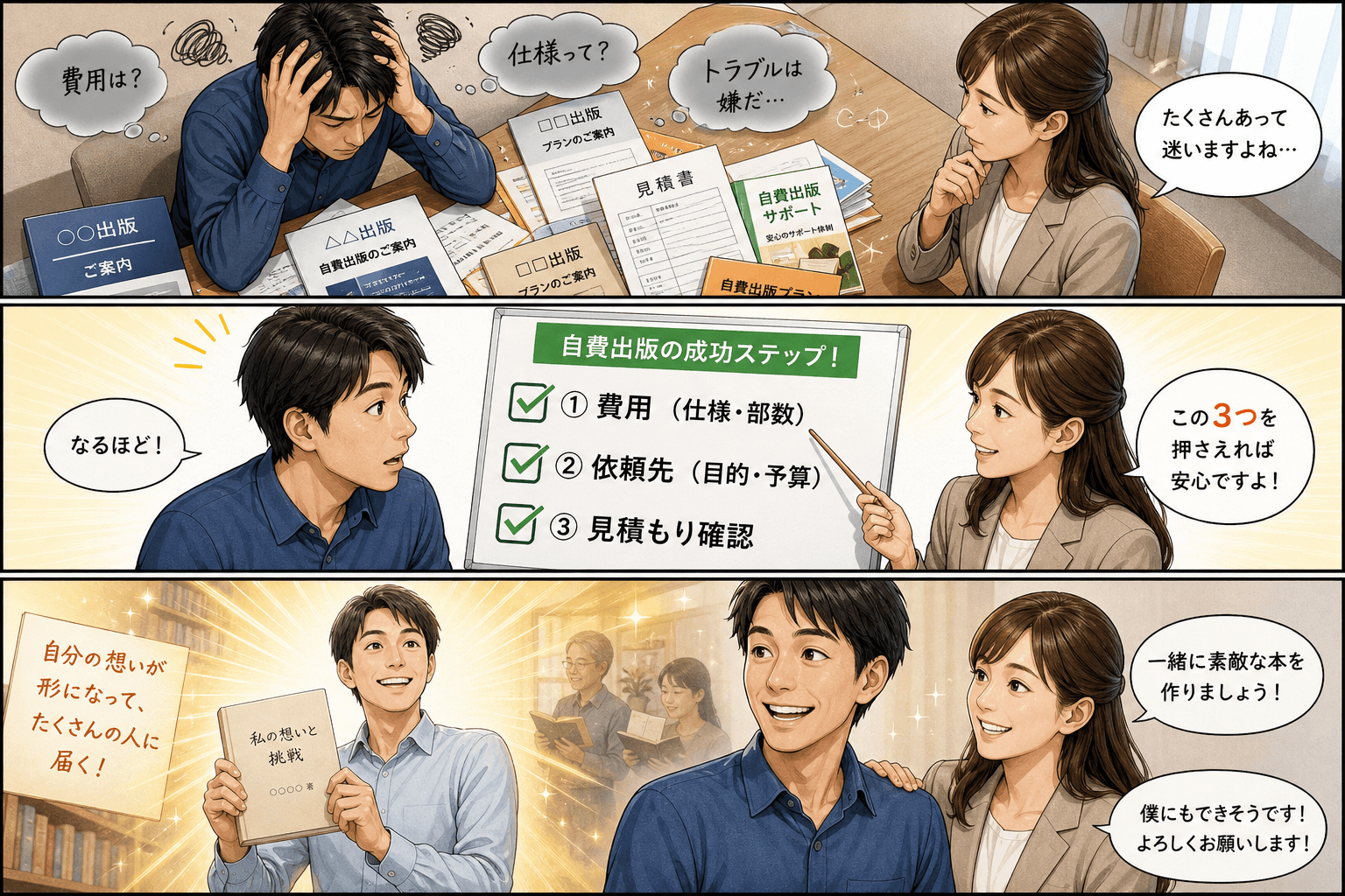 3コママンガ、コマ割りで1枚の画像に収める。コマ1: - Aさん: 自費出版を検討している30代男性。費用や手順に不安を感じている。 - Bさん: 出版社の頼れる女性スタッフ。、机に向かうAさんを斜め
