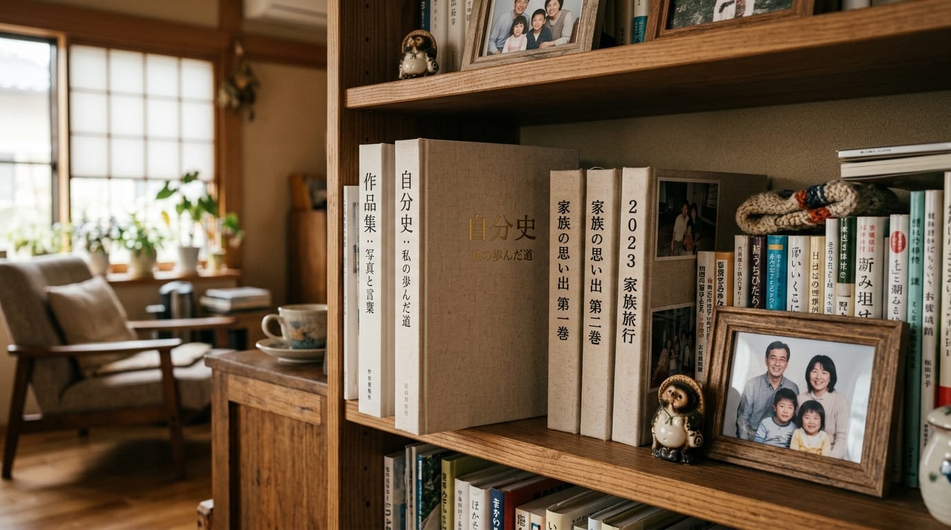 完成した自分史や作品集が、家族の思い出の写真などと一緒に本棚に置かれている温かみのある写真]