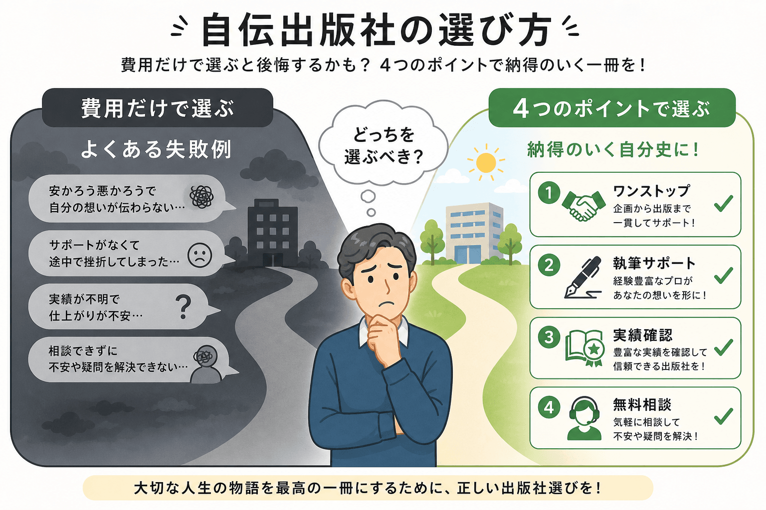 日本人、日本のスタイル, 「自伝出版社の選び方」をテーマにしたインフォグラフィック。中央に悩む人物を配置し、左右に選択肢を分岐させる比較図。左は「費用だけで選ぶ」失敗例を暗い色調で描き、右は「4つのポ