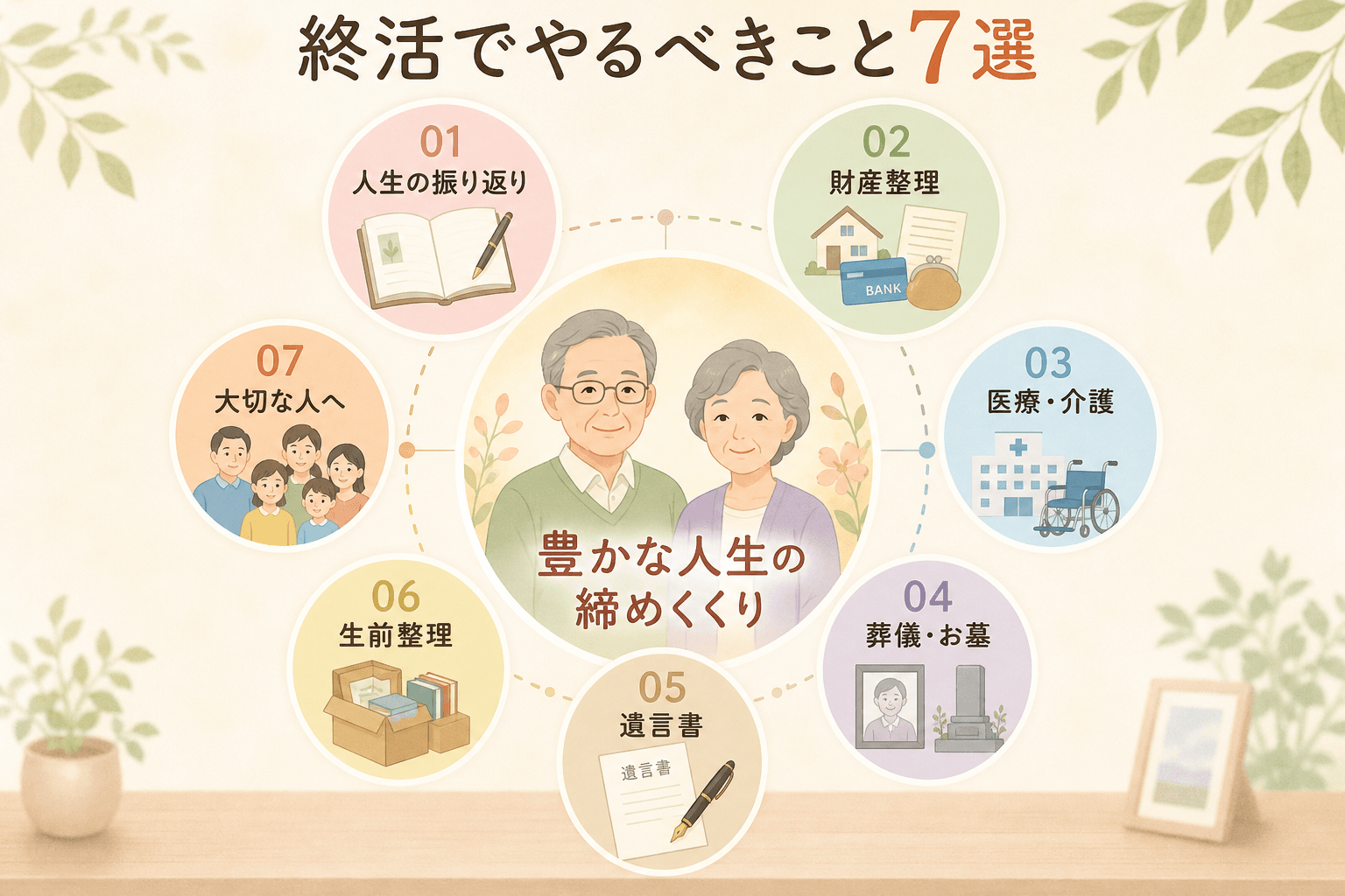 日本人、日本のスタイル, 「終活でやるべきこと7選」をテーマにしたインフォグラフィック。中央に「豊かな人生の締めくくり」という文字と穏やかな表情のシニアのイラストを配置。その周りに7つの項目「人生の振