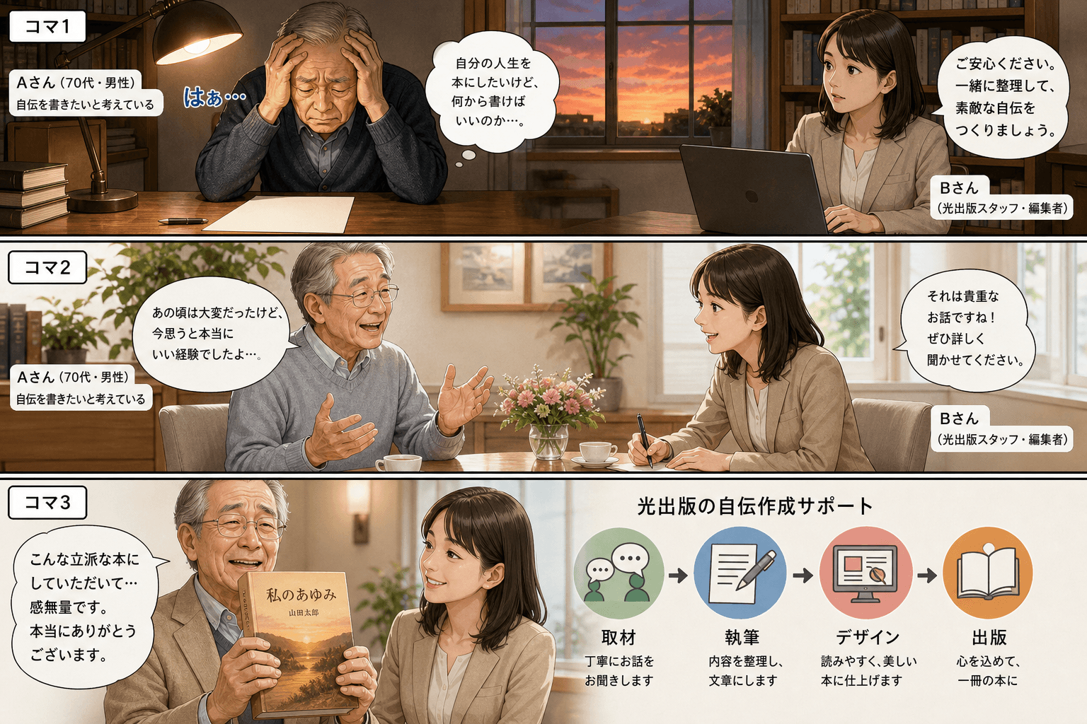 3コママンガ、コマ割りで1枚の画像に収める。コマ1: - Aさん: 70代の男性。自伝を書きたいと考えている。 - Bさん: 光出版の女性スタッフ（編集者）。、書斎で机に向かうAさん。正面から困った表