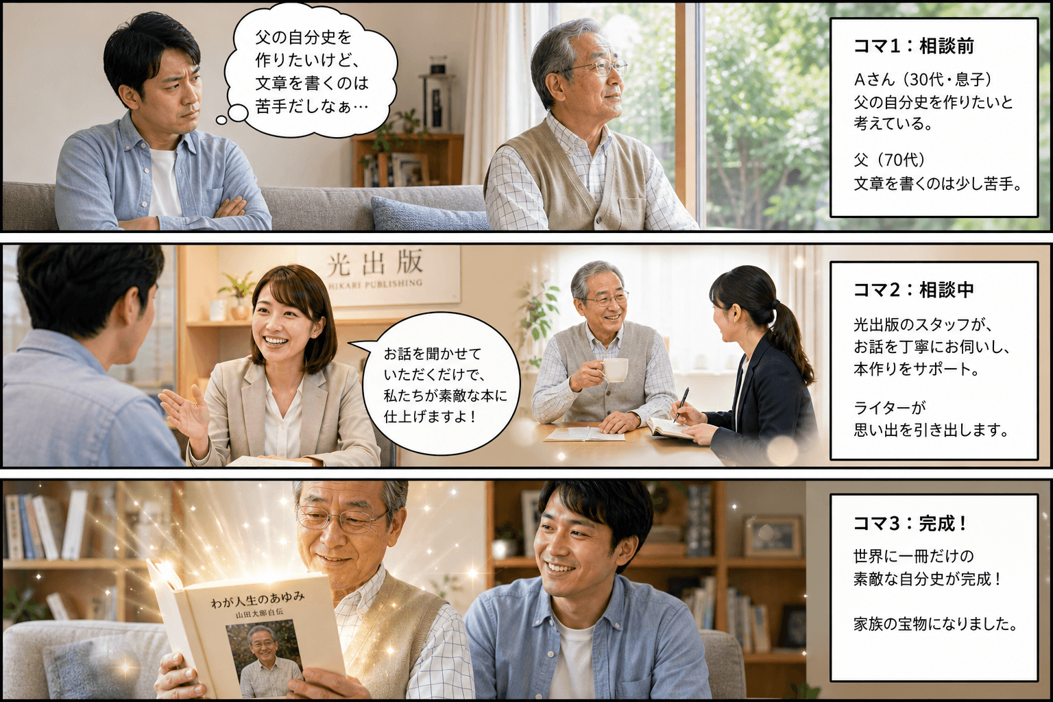 3コママンガ、コマ割りで1枚の画像に収める。コマ1: - 30代男性Aさん: 親の自分史を作りたいと考えている息子。 - Aさんの父親（70代）: 文章を書くのは少し苦手。 - スタッフBさん: 光出