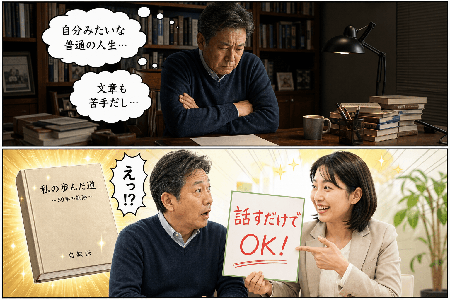 2コママンガ、コマ割りで1枚の画像に収める。コマ1: Aさん: 50代男性。自分の人生を本にしたいと考えているが、自信がない。 Bさん: 出版社の専門スタッフ。明るく親しみやすい女性。、書斎で、Aさん