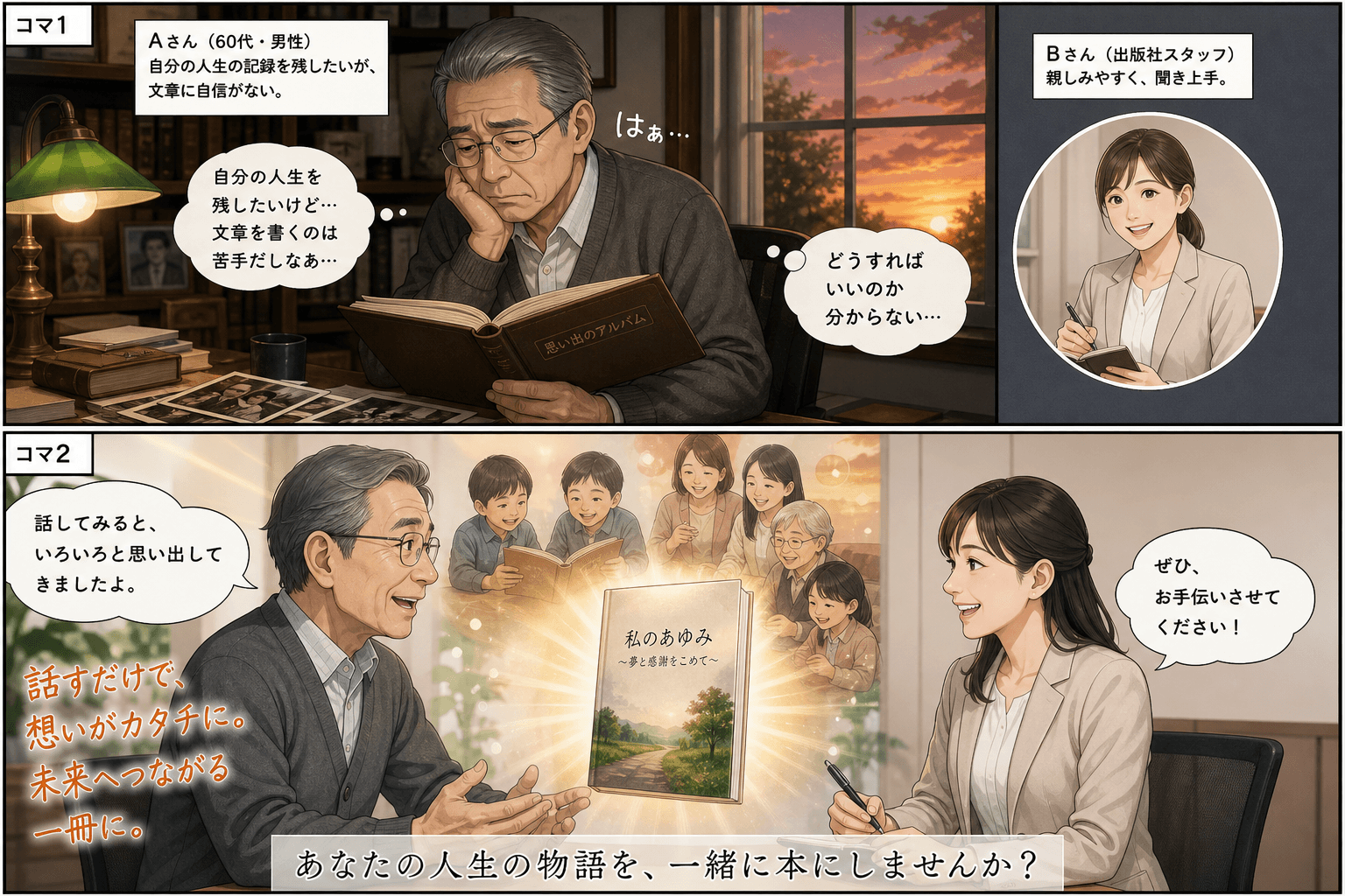 2コママンガ、コマ割りで1枚の画像に収める。コマ1: Aさん: 60代の男性。自分の人生の記録を残したいが、文章に自信がない。 Bさん: 出版社のスタッフ。親しみやすく、聞き上手。、自宅の書斎で、古い