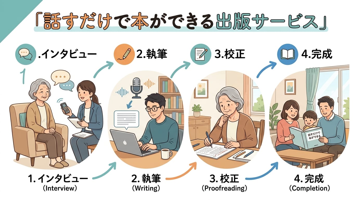 日本人、日本のスタイル, 「話すだけで本ができる出版サービス」の仕組みを図解したインフォグラフィック。4つのステップを矢印でつなぐ。ステップ1:おばあさんと編集者が話す「インタビュー」。ステップ2:ラ