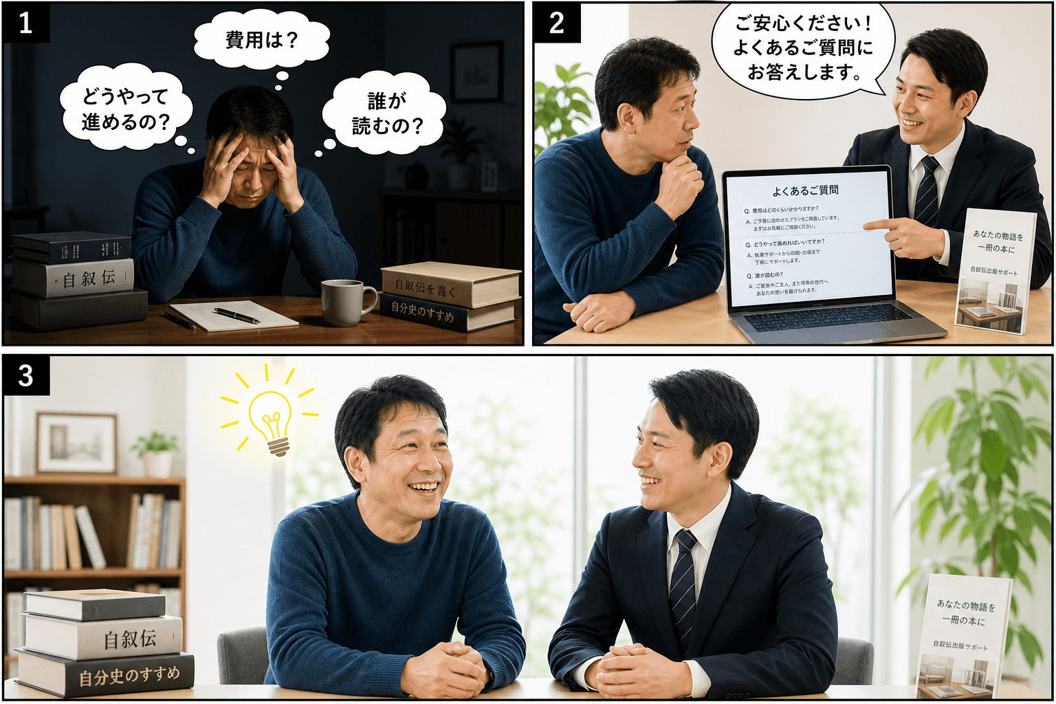 3コママンガ、コマ割りで1枚の画像に収める。コマ1: Aさん: 自叙伝の出版を考えているが、不安を抱えている男性。 Bさん: 出版社の親切なスタッフ。、机に向かって頭を抱えるAさん。頭上に「費用は？」
