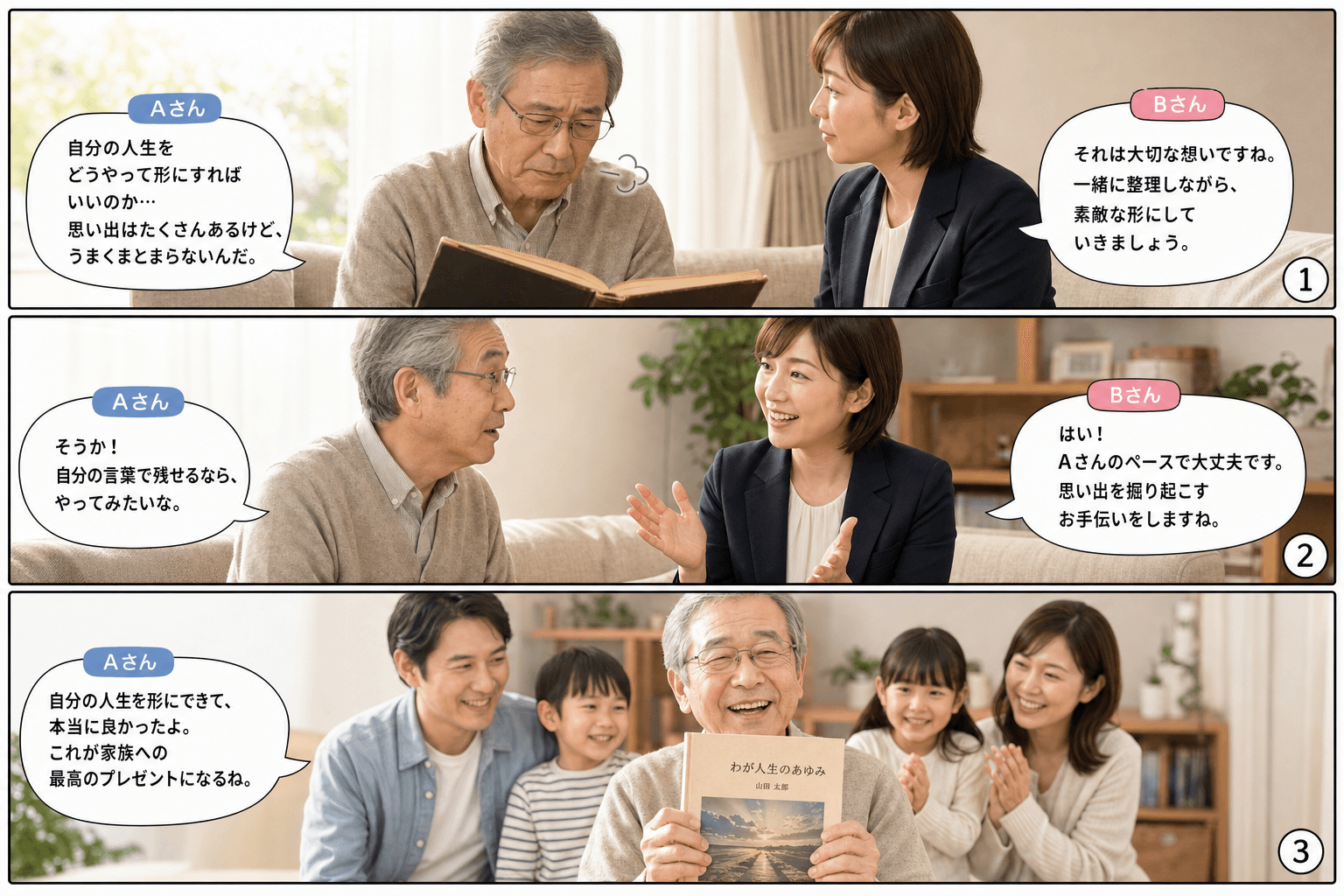 3コママンガ、コマ割りで1枚の画像に収める。コマ1: Aさん: 終活を考えている高齢の男性 Bさん: 出版社の女性スタッフ、リビングのソファに座り、古いアルバムを眺めながらため息をつくAさん。少し俯き