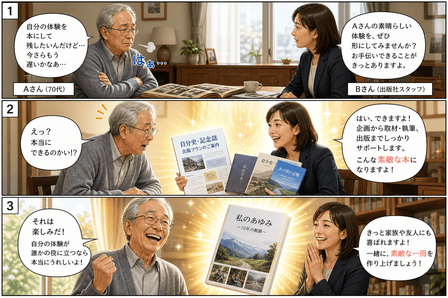 3コママンガ、コマ割りで1枚の画像に収める。コマ1: Aさん: 70代の男性。自分の体験談を後世に残したいと考えている。 Bさん: 出版社の女性スタッフ。、自宅のリビング。Aさんが少し困った顔で腕を組