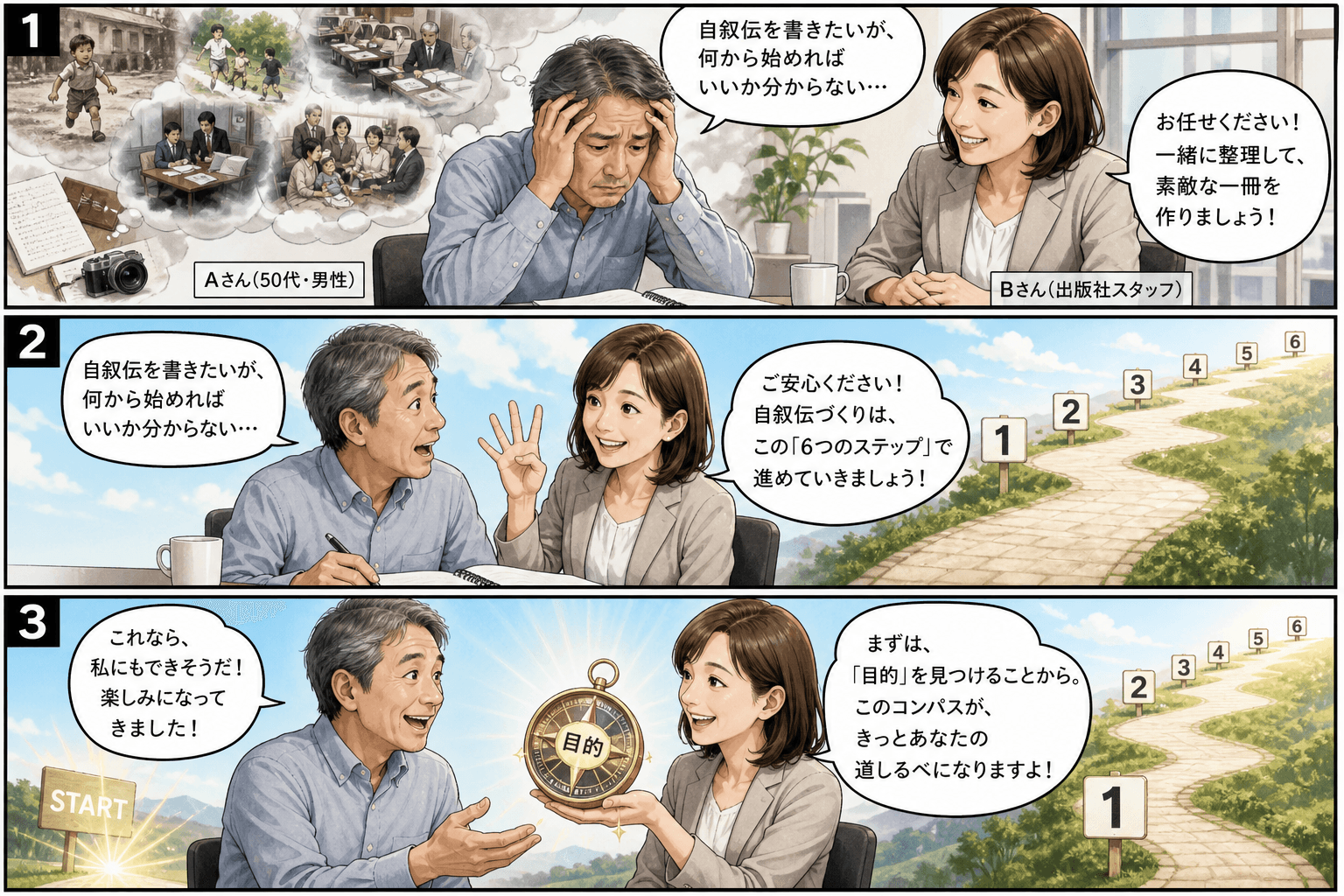 3コママンガ、コマ割りで1枚の画像に収める。コマ1: Aさん: 50代男性。自叙伝を書きたいが、何から始めればいいか分からない。 Bさん: 出版社の女性スタッフ。明るく親切。、テーブルでノートとペンを