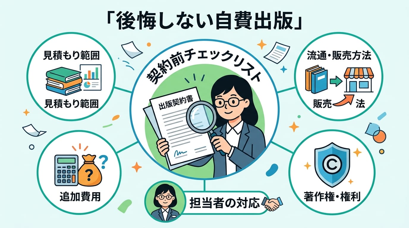 日本人、日本のスタイル, 「後悔しない自費出版」をテーマにしたインフォグラフィック。中央に「契約前チェックリスト」というタイトル。虫眼鏡で契約書を注意深く確認する人物のイラストを配置し、その周りに「見