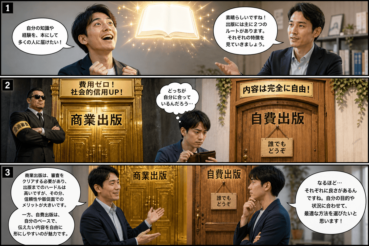 3コママンガ、コマ割りで1枚の画像に収める。コマ1: Aさん: 30代男性。自分の知識を本にしたいと考えている。 Bさん: 出版アドバイザー。冷静に解説してくれる。、Aさんが目を輝かせ、自分の頭上に浮
