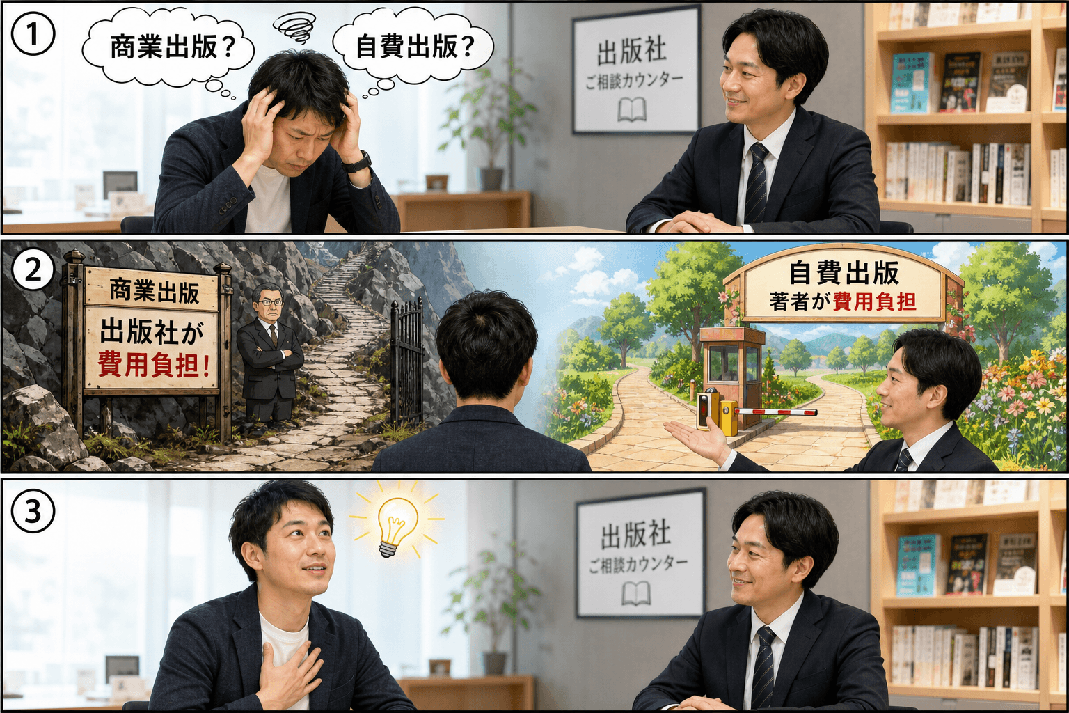 3コママンガ、コマ割りで1枚の画像に収める。コマ1: Aさん: 本を出版したいと考えている30代男性。 Bさん: 出版社のスタッフ。親切なアドバイザー。、カウンターで相談するAさんとBさん。Aさんは頭