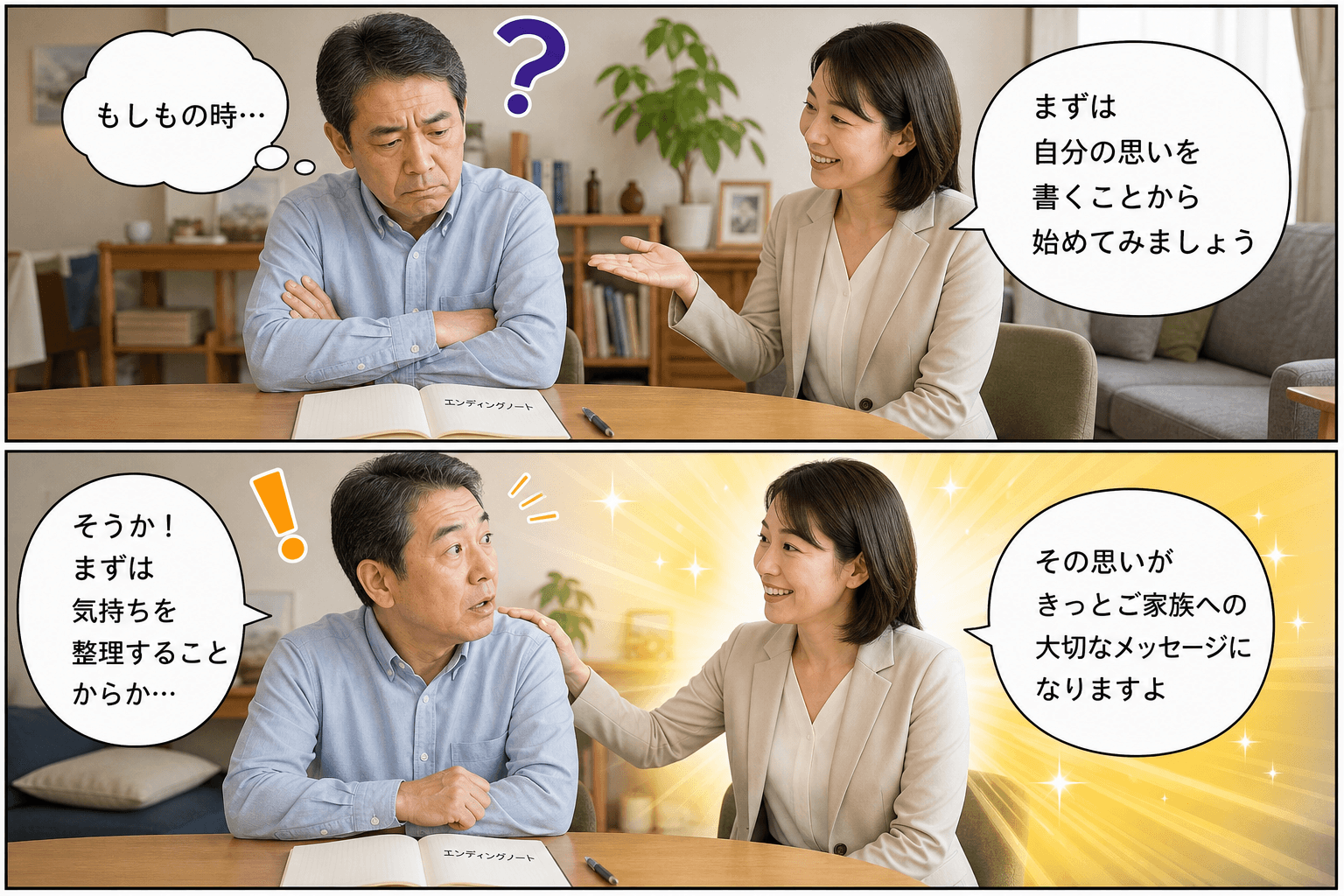2コママンガ、コマ割りで1枚の画像に収める。コマ1: Aさん: 50代の男性。エンディングノートに興味があるが、何から書けばいいか悩んでいる。 Bさん: 専門家の女性。Aさんに優しくアドバイスをする。