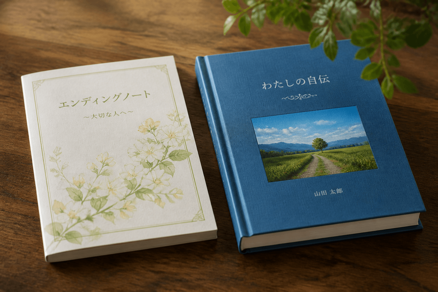 エンディングノートの横に、上製本の美しい自伝が置かれているイメージ写真。記録と物語の違いを視覚的に表現する。]