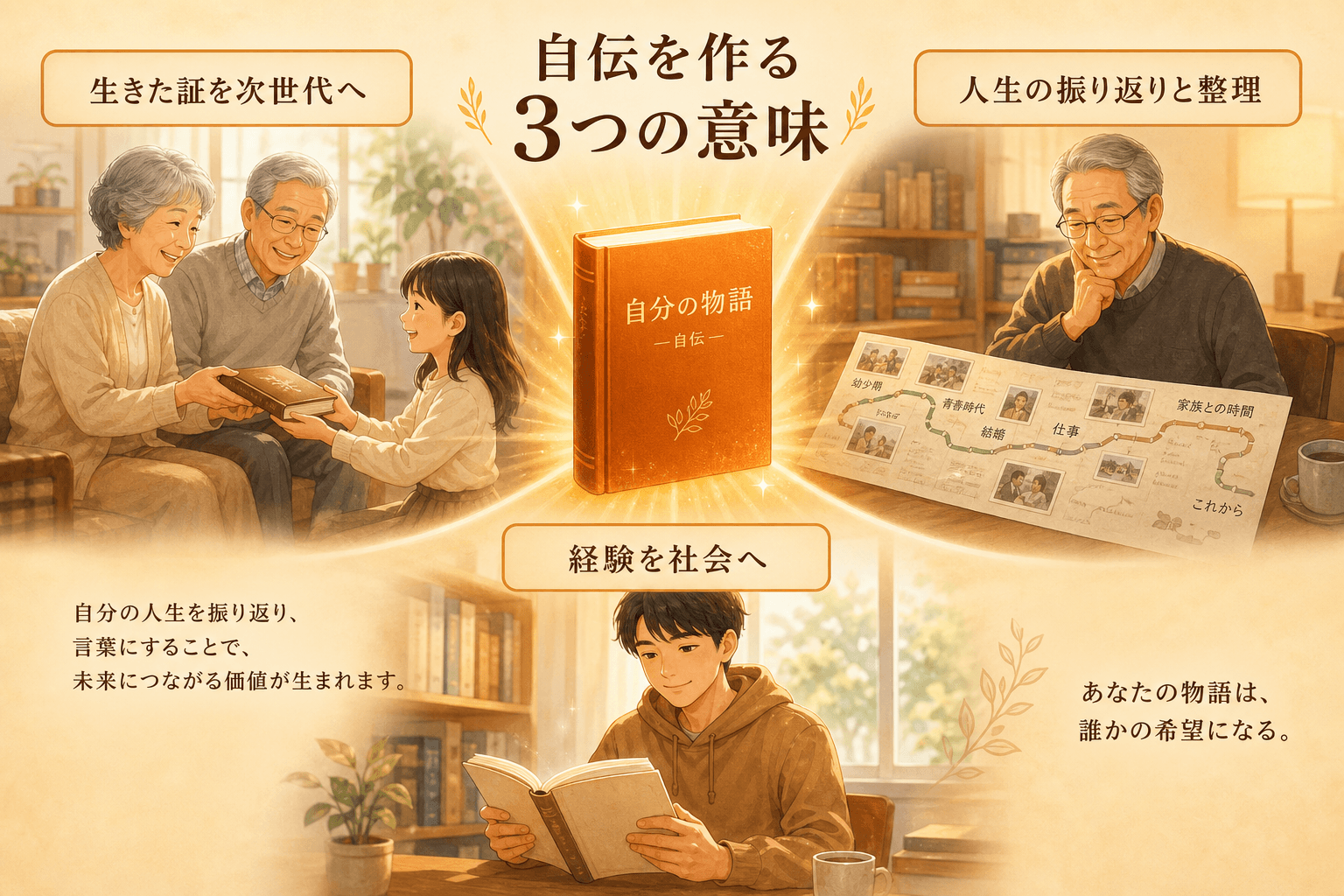日本人、日本のスタイル, 「自伝を作る3つの意味」をテーマにしたインフォグラフィック。中央に輝く一冊の本を配置し、そこから3つのシーンが展開する。左上には「生きた証を次世代へ」と書かれ、祖父母が孫に本