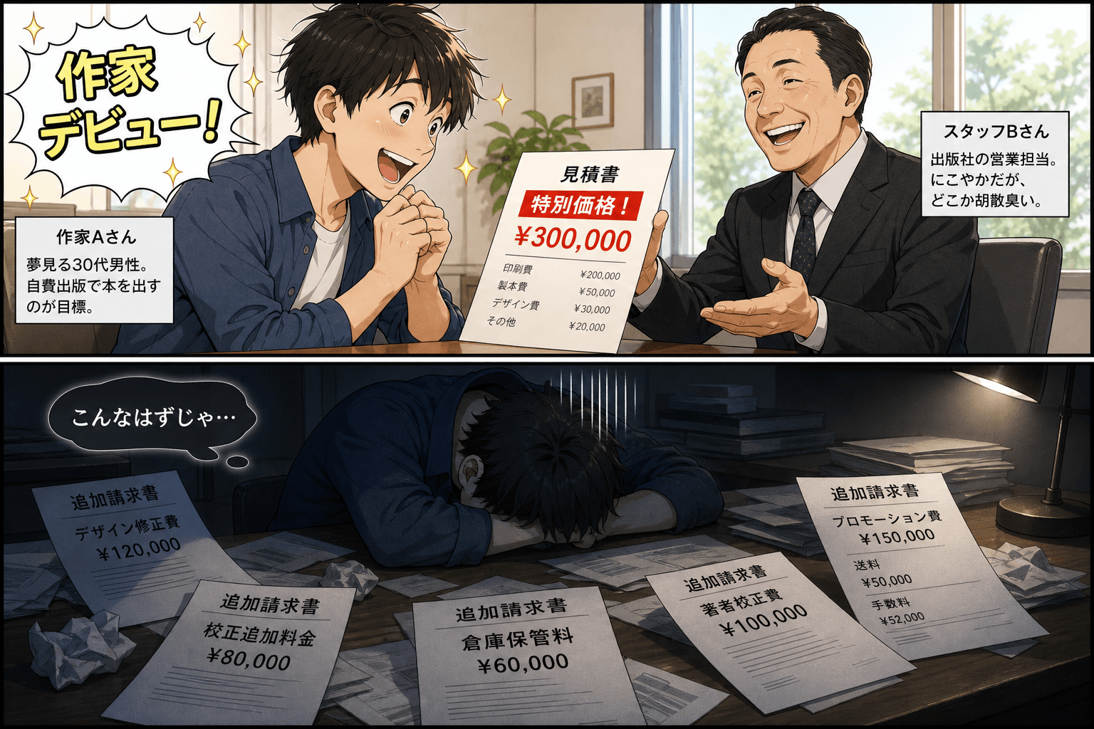 2コママンガ、コマ割りで1枚の画像に収める。コマ1: 作家Aさん: 夢見る30代男性。自費出版で本を出すのが目標。 スタッフBさん: 出版社の営業担当。にこやかだが、どこか胡散臭い。、明るい出版社の応