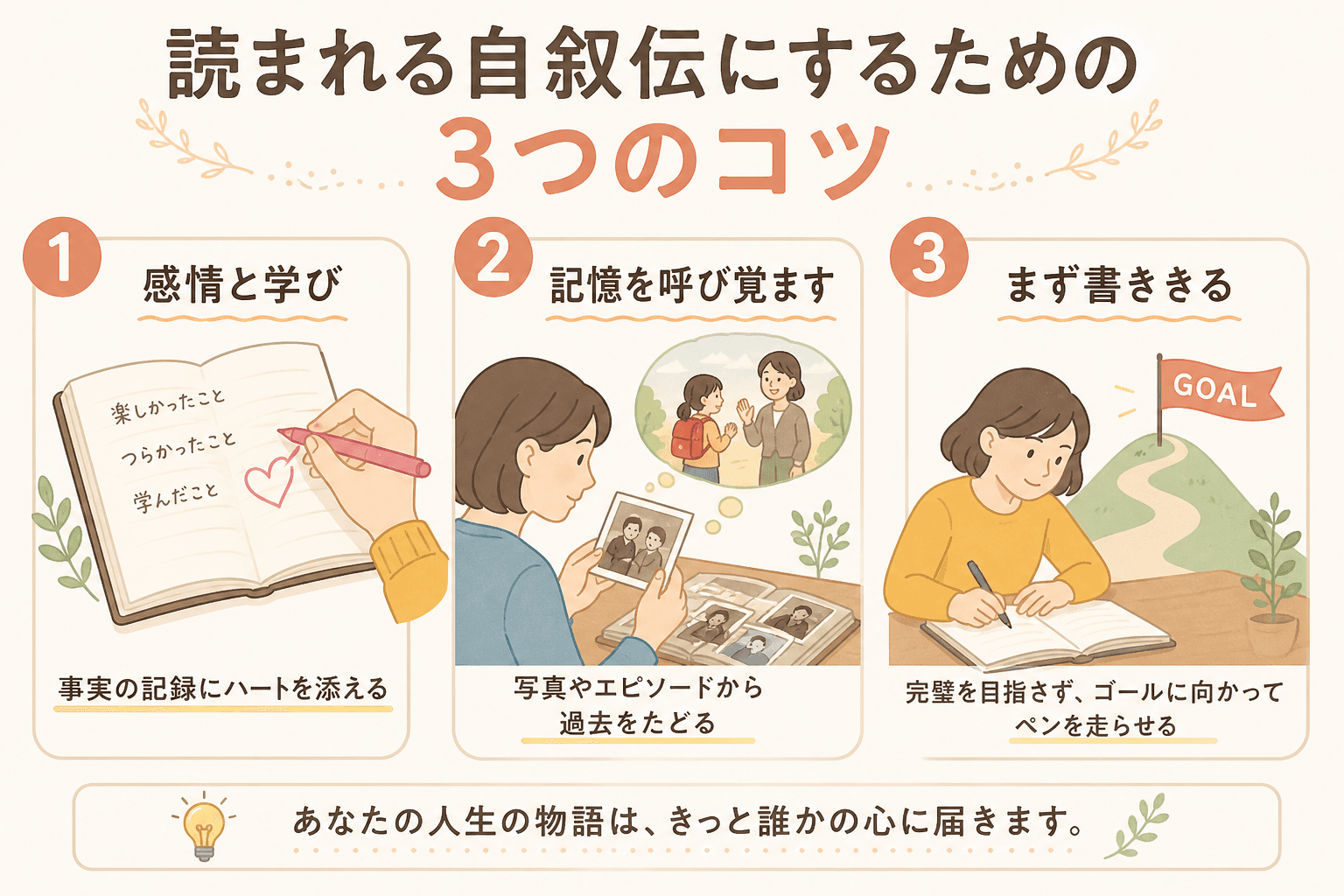 日本人、日本のスタイル, 「読まれる自叙伝にするための3つのコツ」というテーマのインフォグラフィック。温かみのある色合いのフラットなデジタルイラストで、3つのポイントをステップ図として描く。1:「感情