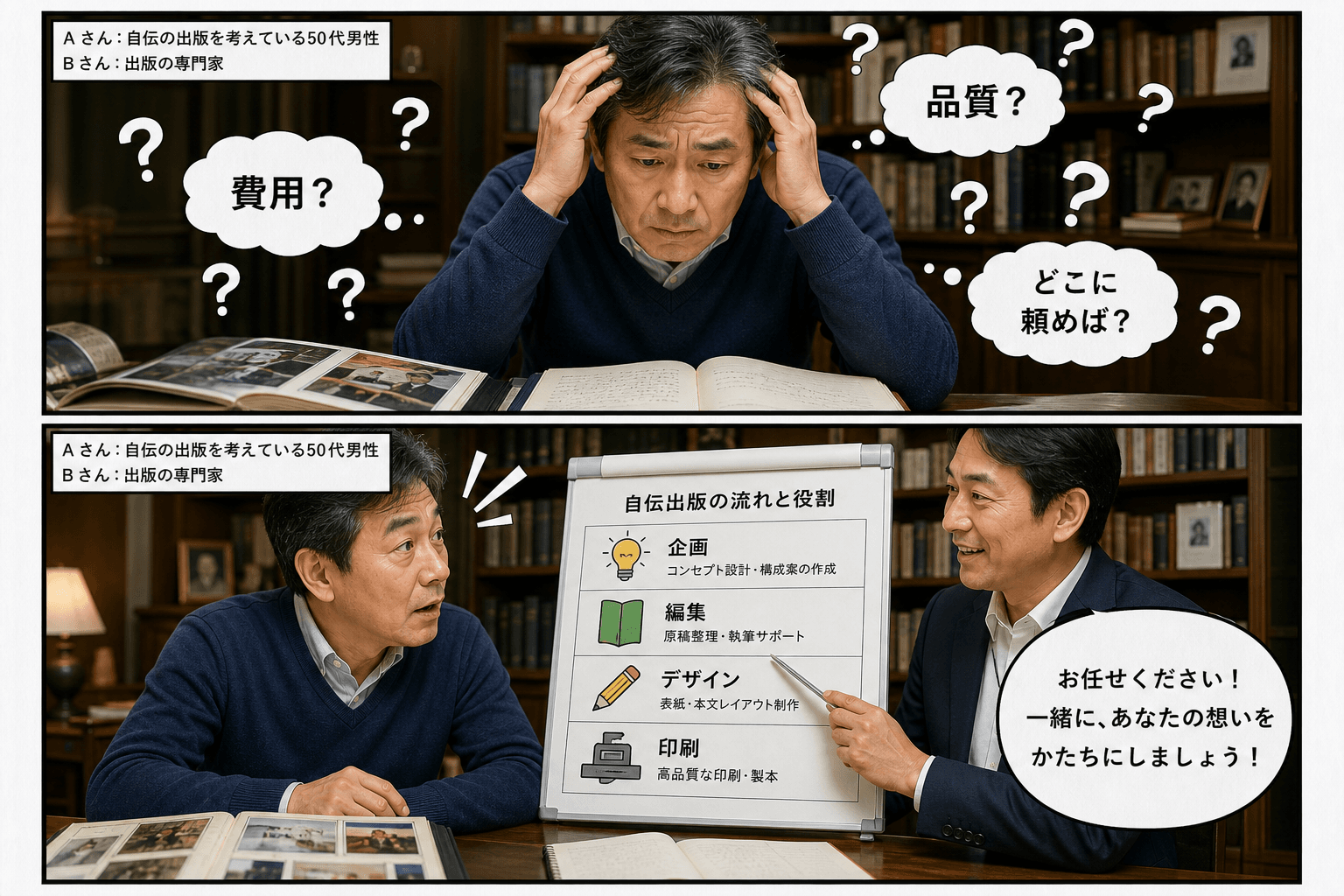 2コママンガ、コマ割りで1枚の画像に収める。コマ1: Aさん: 自伝の出版を考えている50代男性。 Bさん: 出版の専門家。、書斎で、思い出のアルバムやノートを前に頭を抱えているAさん。上半身のアップ