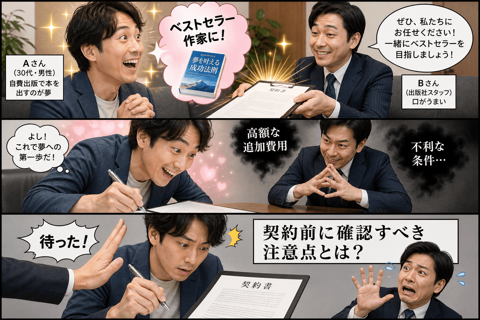 3コママンガ、コマ割りで1枚の画像に収める。コマ1: Aさん: 30代男性。自費出版で本を出すのが夢。 Bさん: 出版社のスタッフ。口がうまい。、出版社の応接室。BさんがAさんに向かって、キラキラした