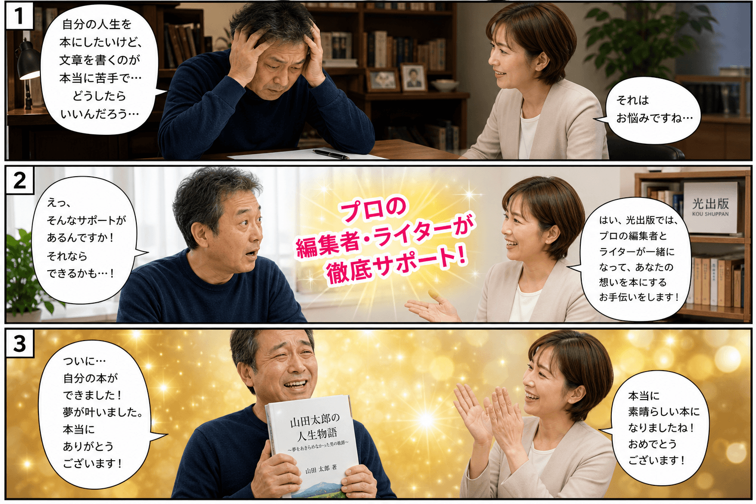 3コママンガ、コマ割りで1枚の画像に収める。コマ1: - Aさん: 自分の人生を本にしたいと考えているが、文章が苦手で悩んでいる中年男性。 - Bさん: 光出版の親しみやすい女性スタッフ。、書斎の机で
